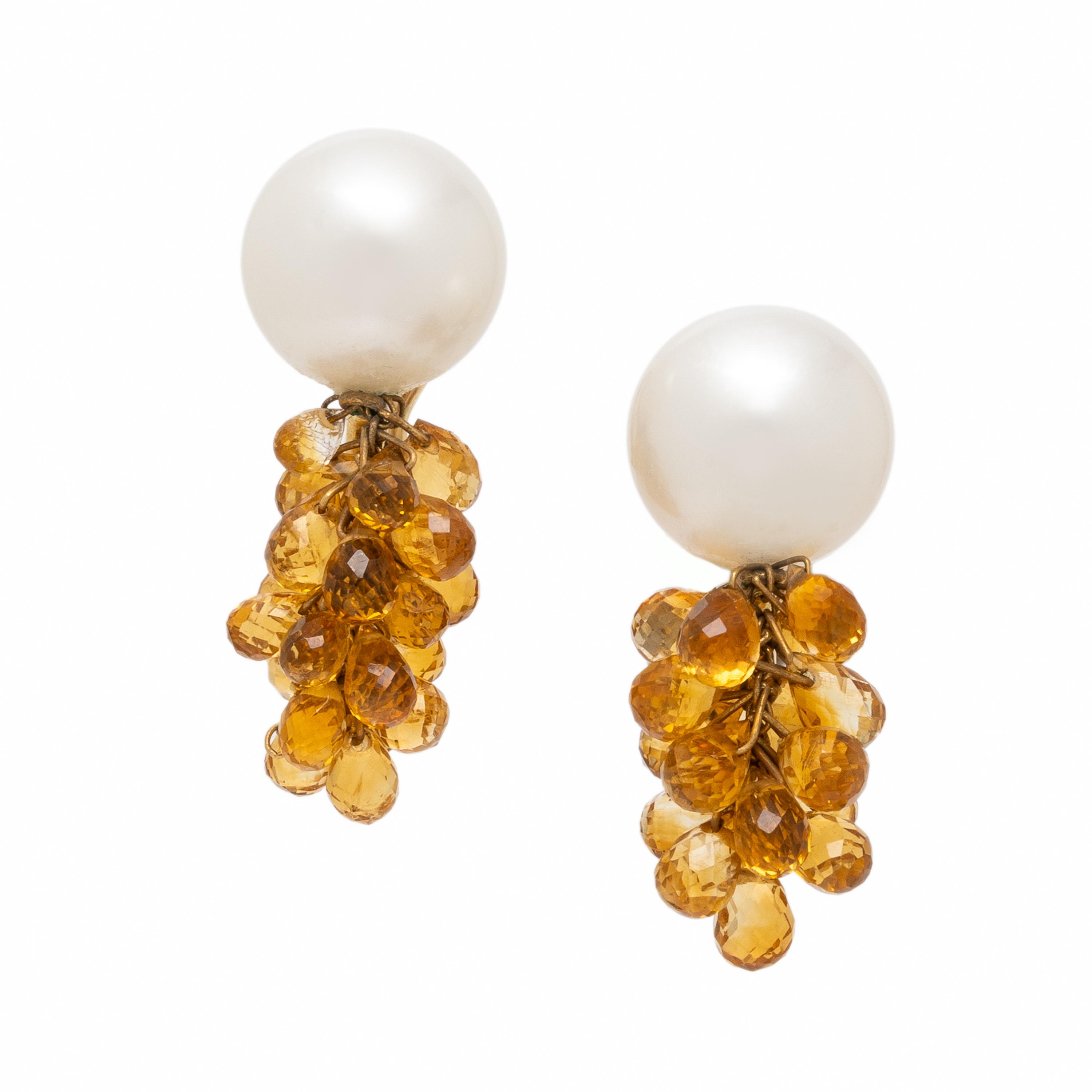 Mish, Cultured Pearl, Citrine, and Yellow Gold Earrings