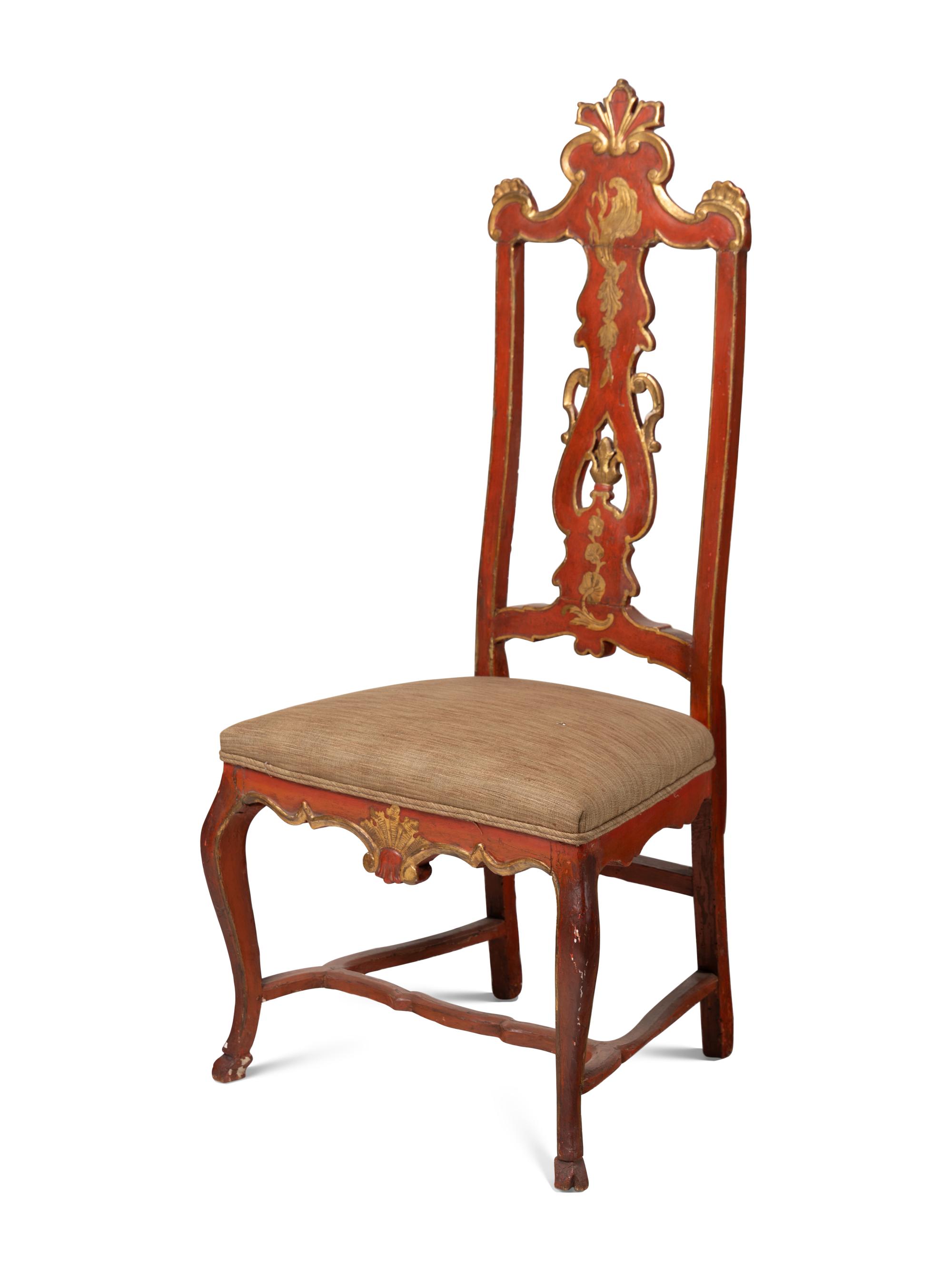 A Set of Four Venetian Painted and Parcel-Gilt Side Chairs