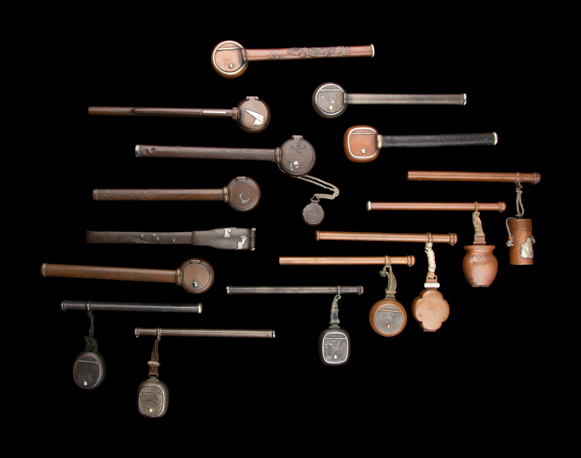 15 Japanese Silver Inlaid Bronze Portable Writing Sets, Yatate