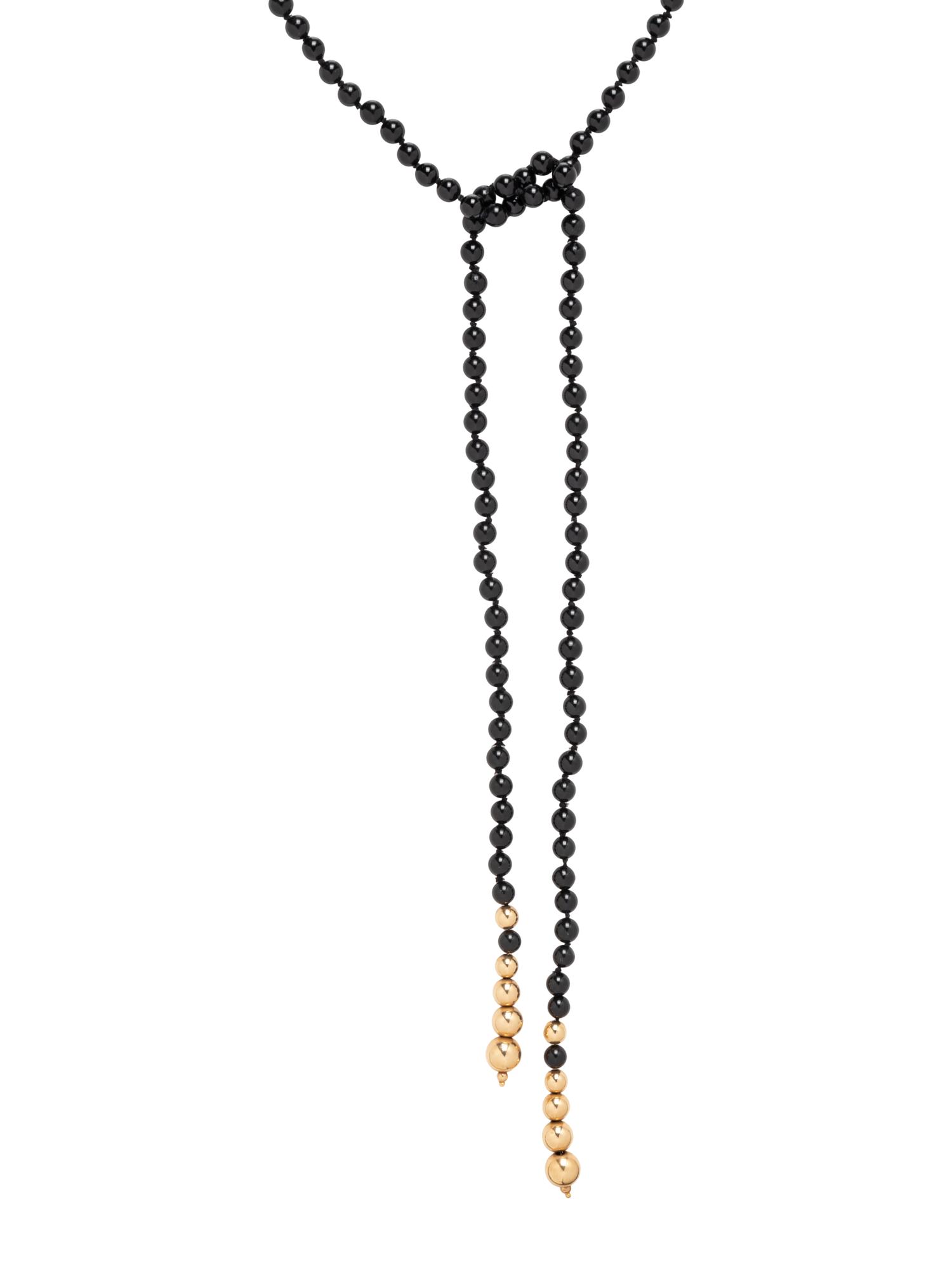 BLACK HARDSTONE AND YELLOW GOLD BEAD LARIAT NECKLACE