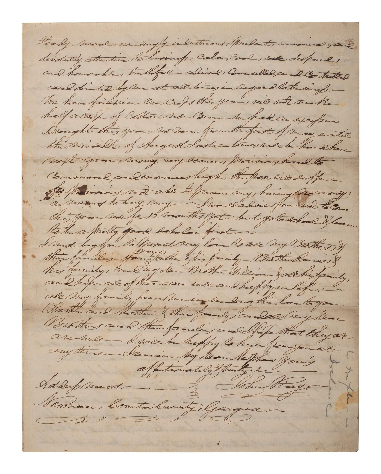 [SLAVERY & ABOLITION]. RAY, John (1792-1868). Autograph letter signed ("John Ray"), as Uncle to "William." Newnan, Coweta County, GA, 6 September 1860. 4 pages . Content on slavery and enslaved people.