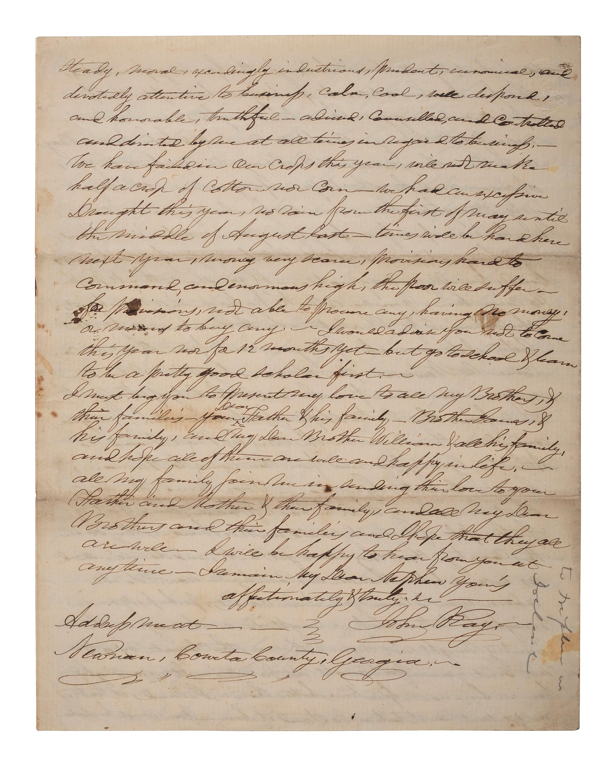 [SLAVERY & ABOLITION]. RAY, John (1792-1868). Autograph letter signed ("John Ray"), as Uncle to "William." Newnan, Coweta County, GA, 6 September 1860. 4 pages . Content on slavery and enslaved people.