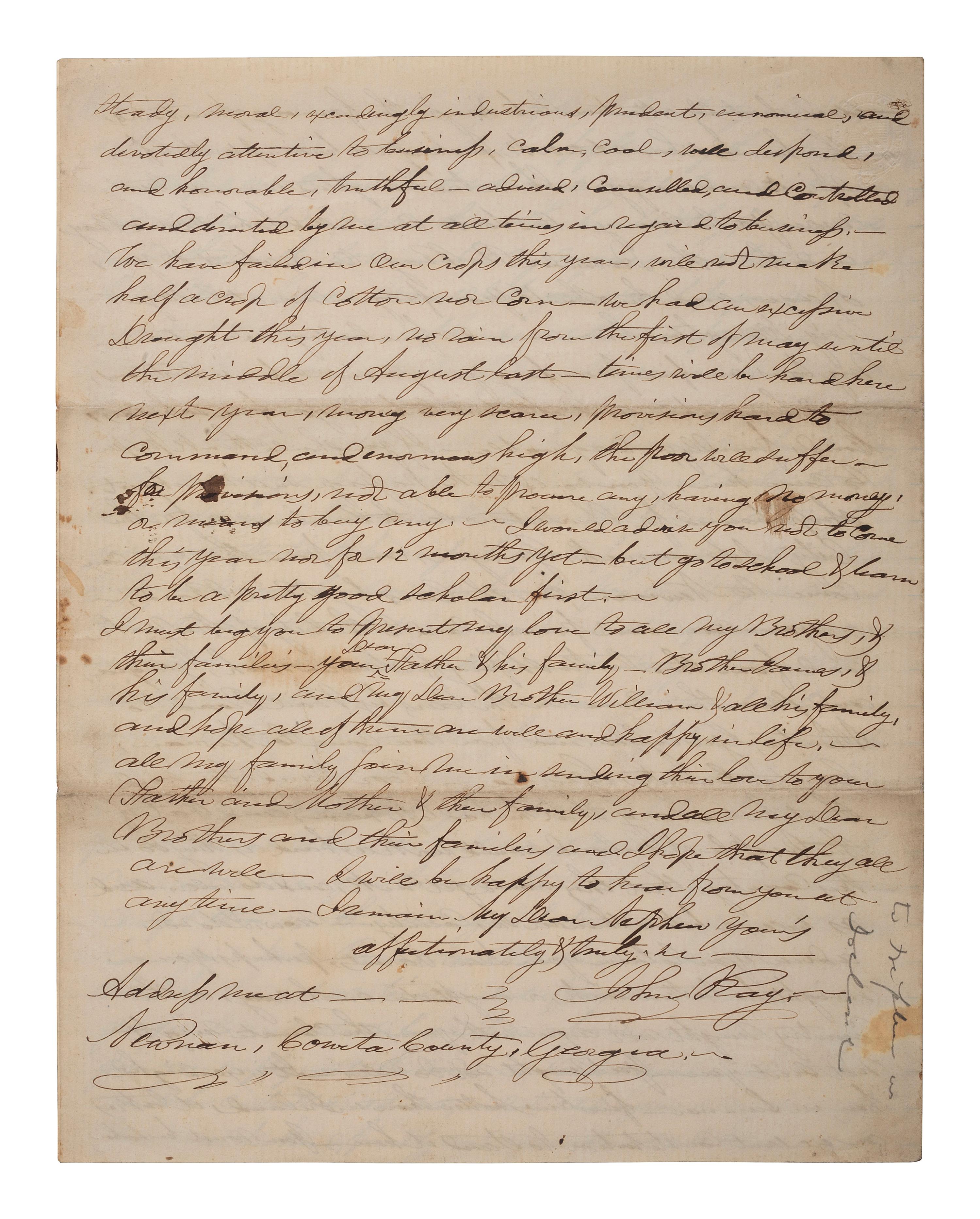 [SLAVERY & ABOLITION]. RAY, John (1792-1868). Autograph letter signed ("John Ray"), as Uncle to "William." Newnan, Coweta County, GA, 6 September 1860. 4 pages . Content on slavery and enslaved people.