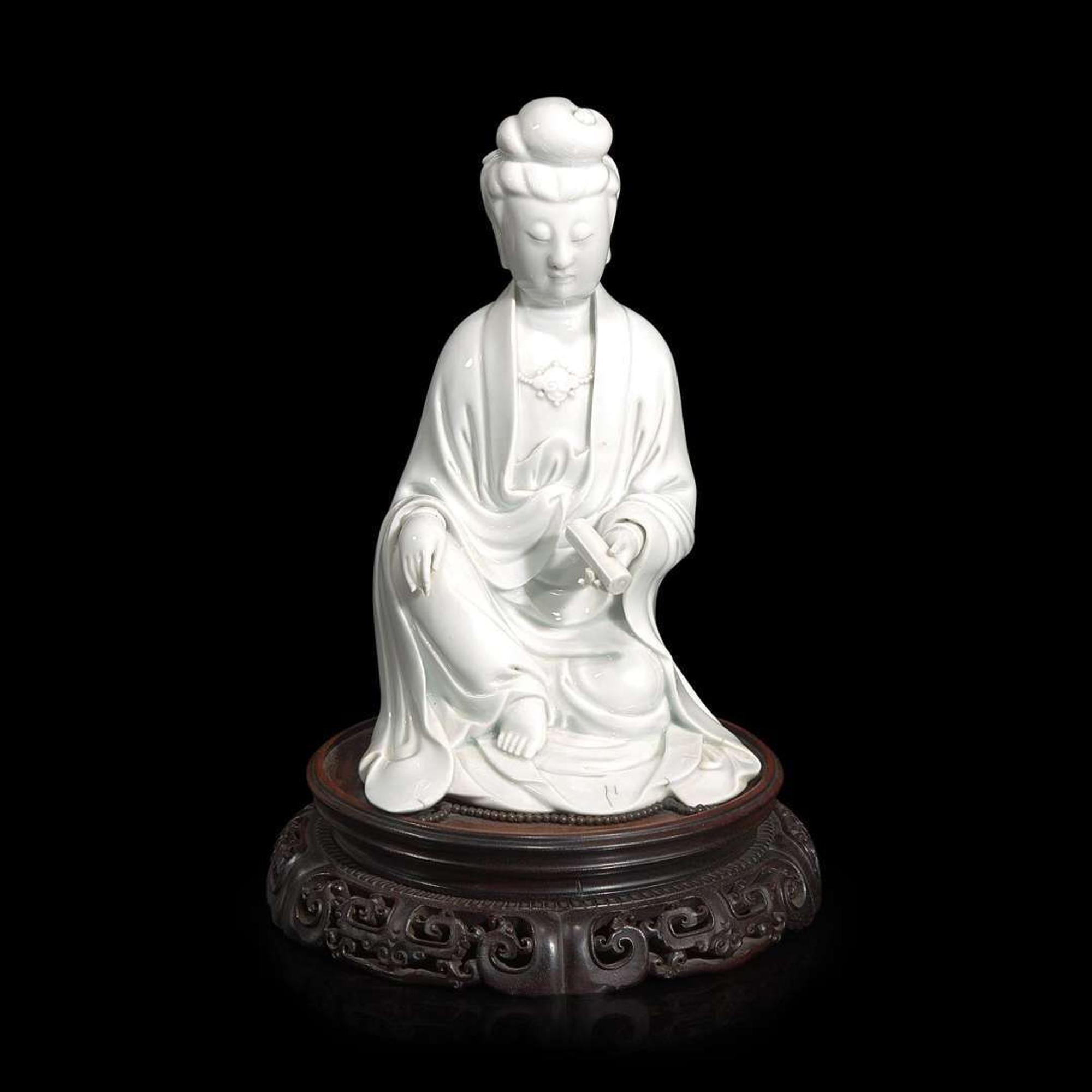 A Chinese blanc de Chine figure of Guanyin seated, with scroll 白瓷持卷轴观音像 Boji Yuren mark ?????