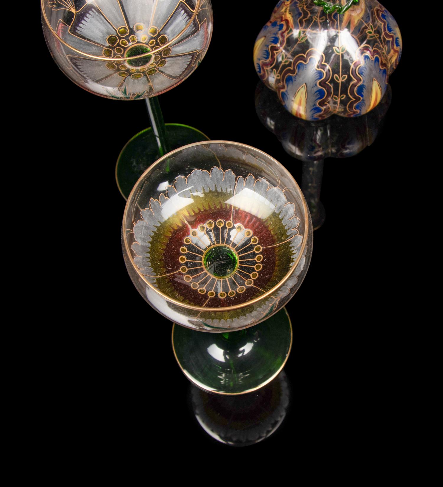 A Set of Four Enameled Glass Wine Hocks and Decanter