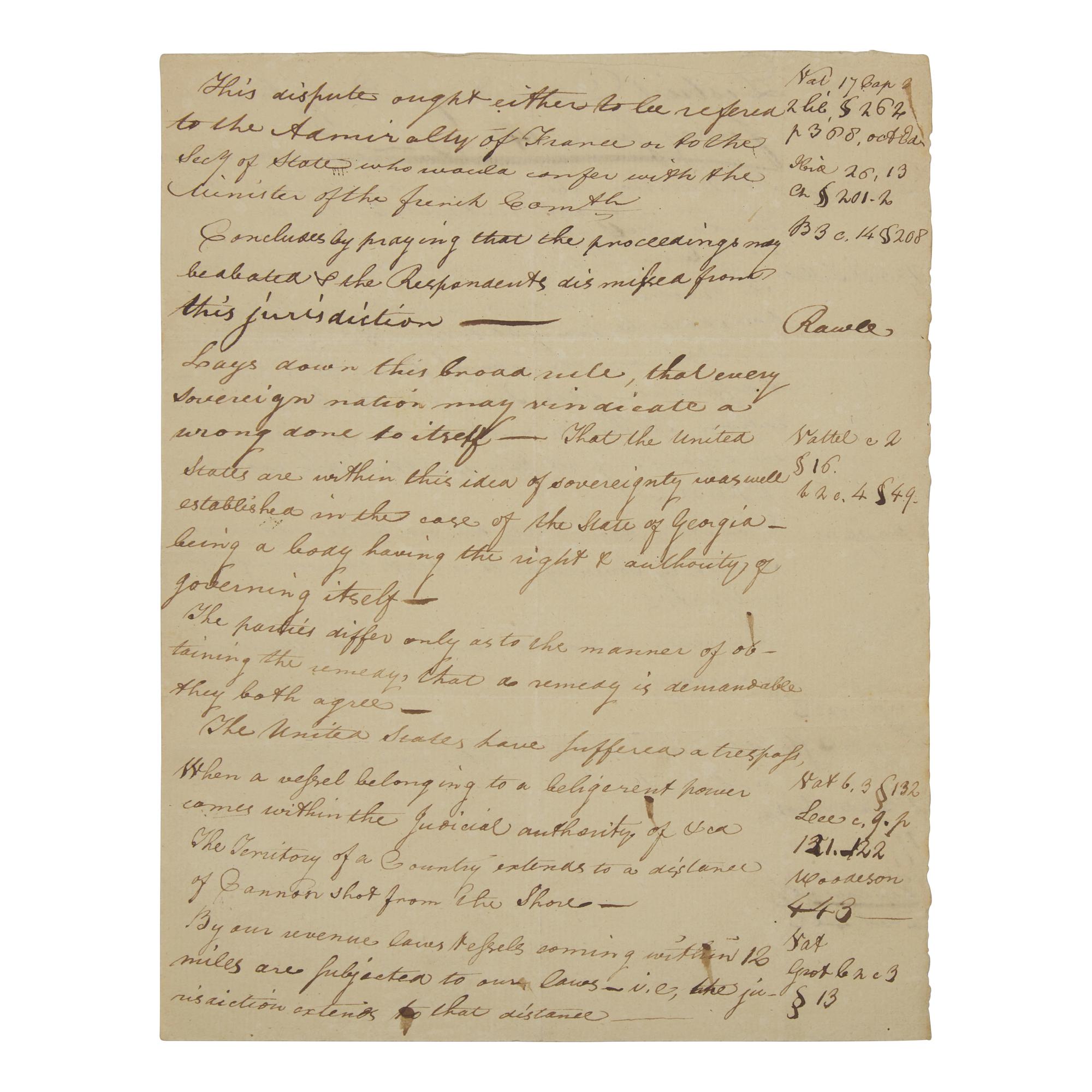 [Americana] [Ingersoll, Jared]. Manuscript document, purportedly in Jared Ingersoll's hand