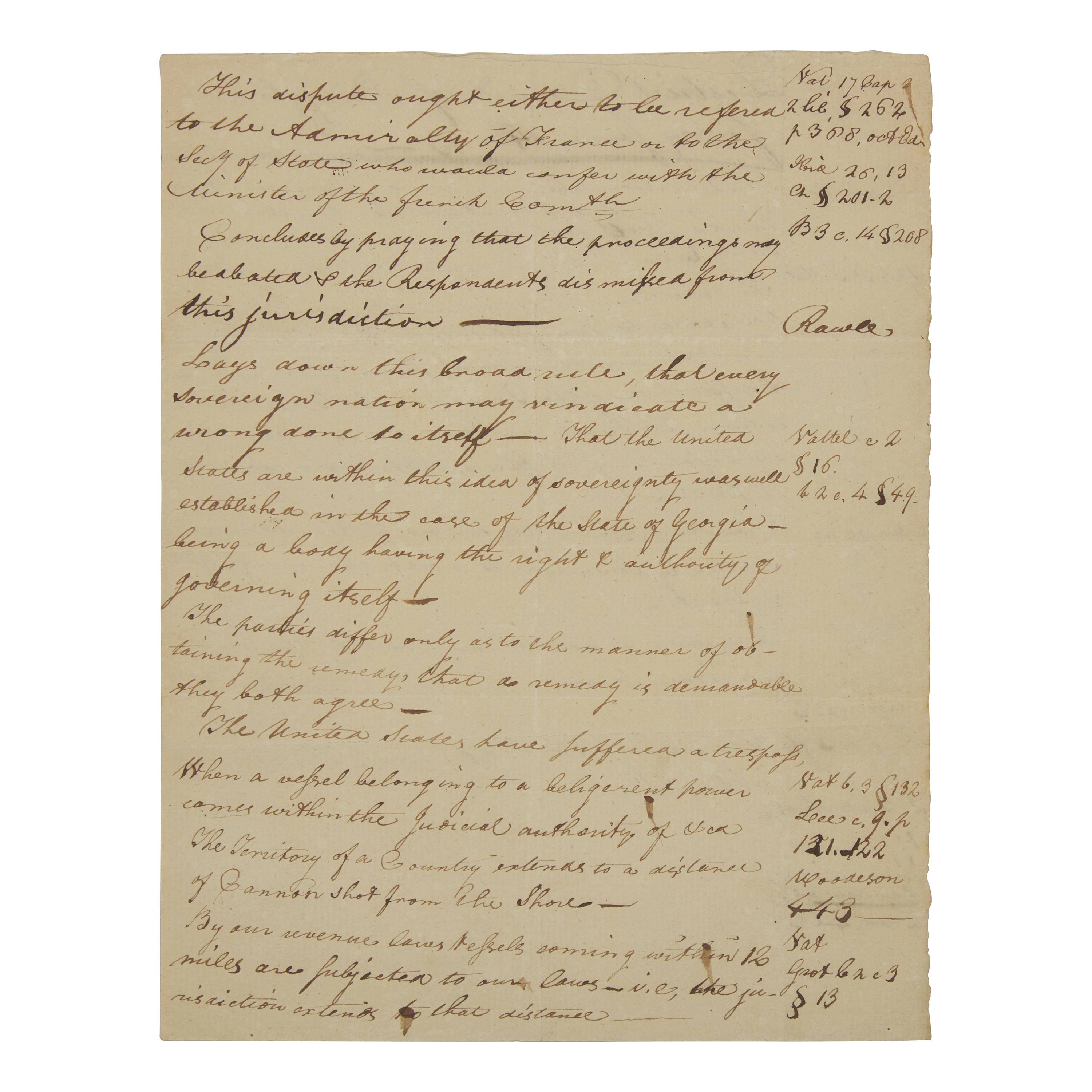 [Americana] [Ingersoll, Jared]. Manuscript document, purportedly in Jared Ingersoll's hand