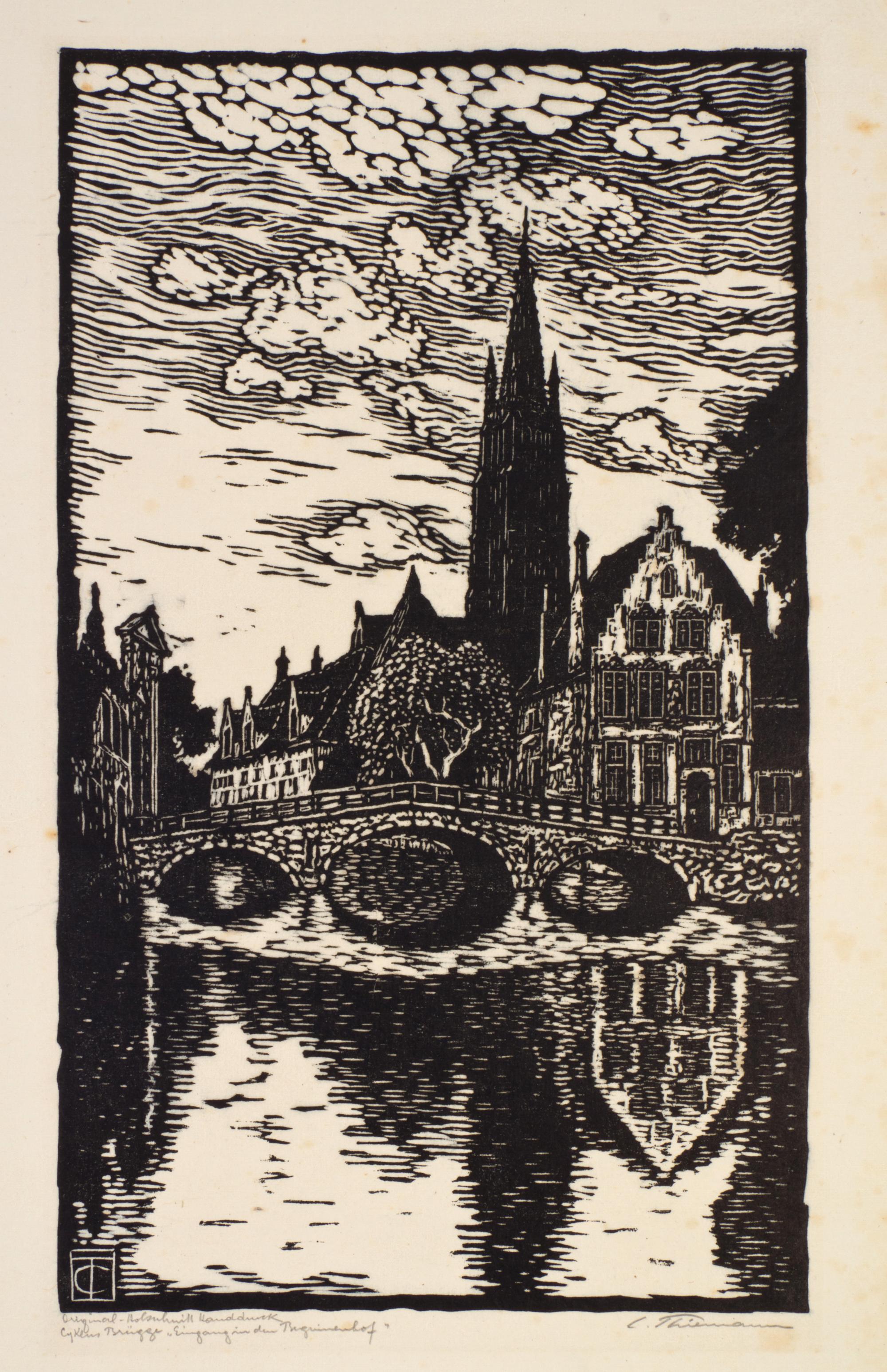 THIEMANN, CARL. Brugge. 10 original-holzschnitte. S.l., n.d. Portfolio, 10 woodcut prints, signed by the artist.