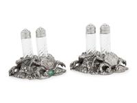 A Silvered Metal and Cut Glass 'Crab' Shaker Set