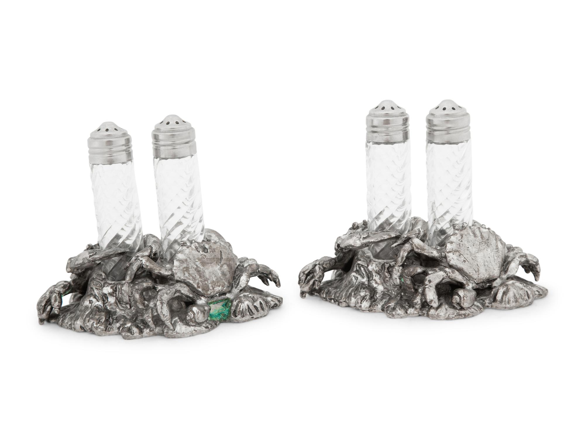 A Silvered Metal and Cut Glass 'Crab' Shaker Set