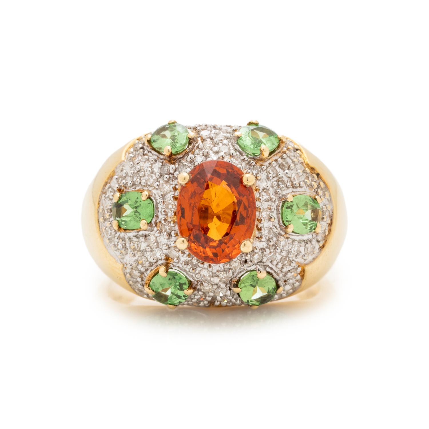 ORANGE GARNET, PERIDOT AND DIAMOND RING