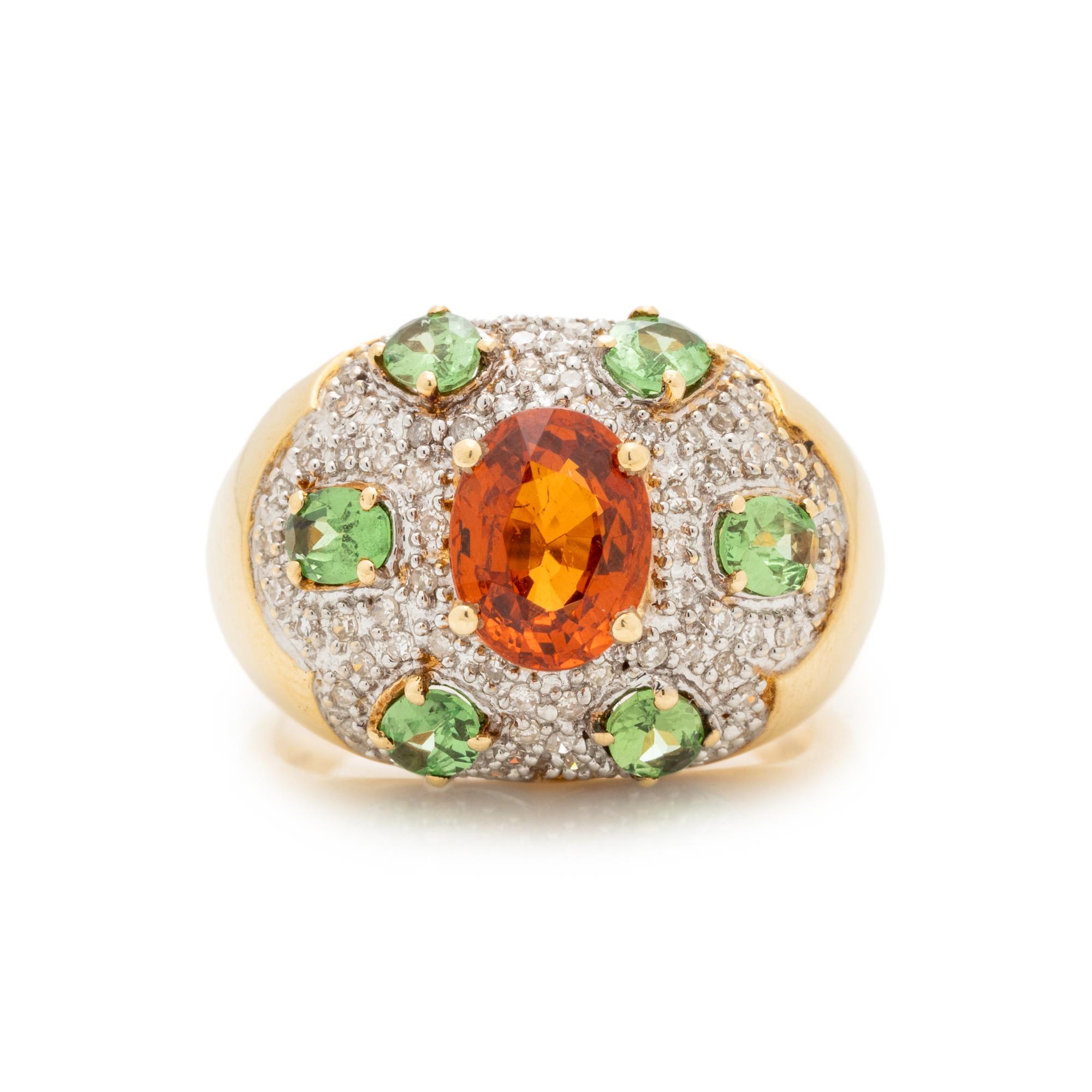 ORANGE GARNET, PERIDOT AND DIAMOND RING