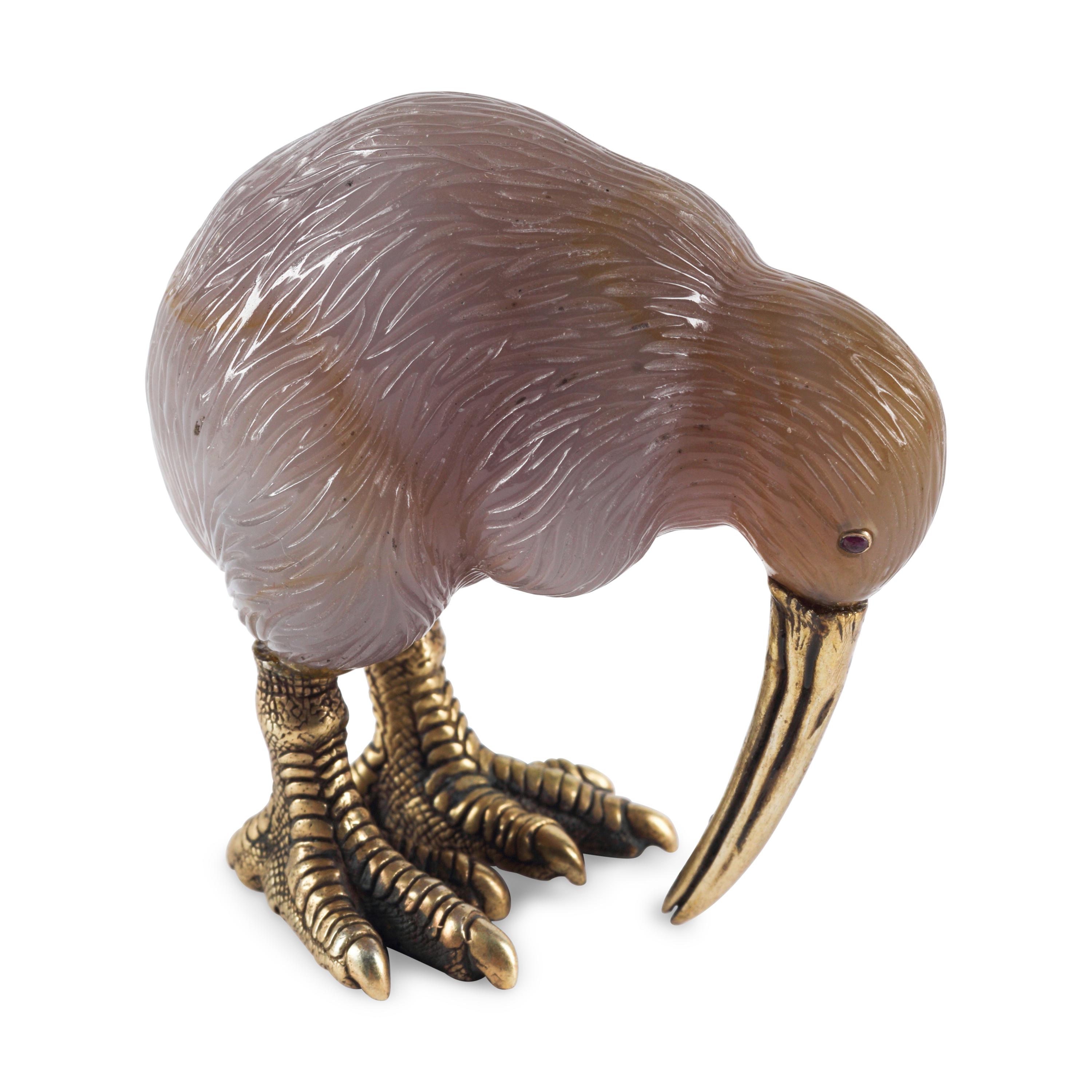 A Carved Agate, 14-Karat Gold and Cabochon Mounted Model of a Kiwi Bird