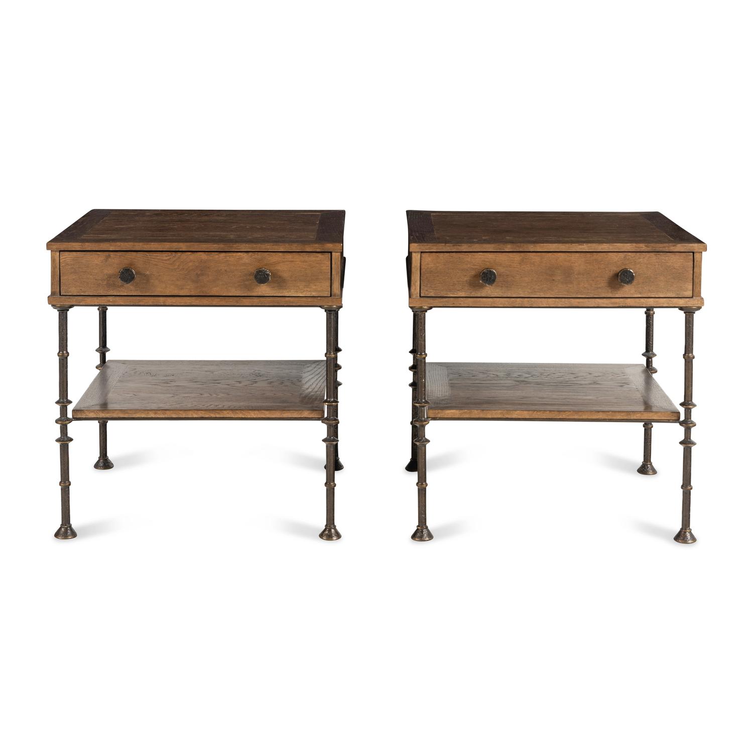 A Pair of Walnut and Steel Side Tables