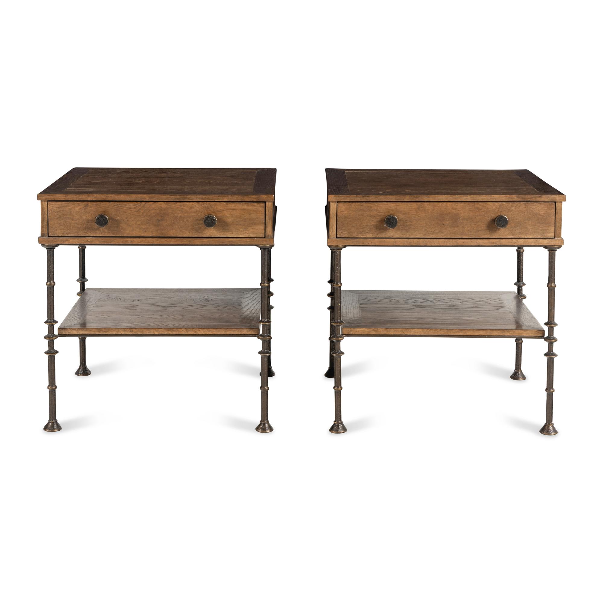 A Pair of Walnut and Steel Side Tables