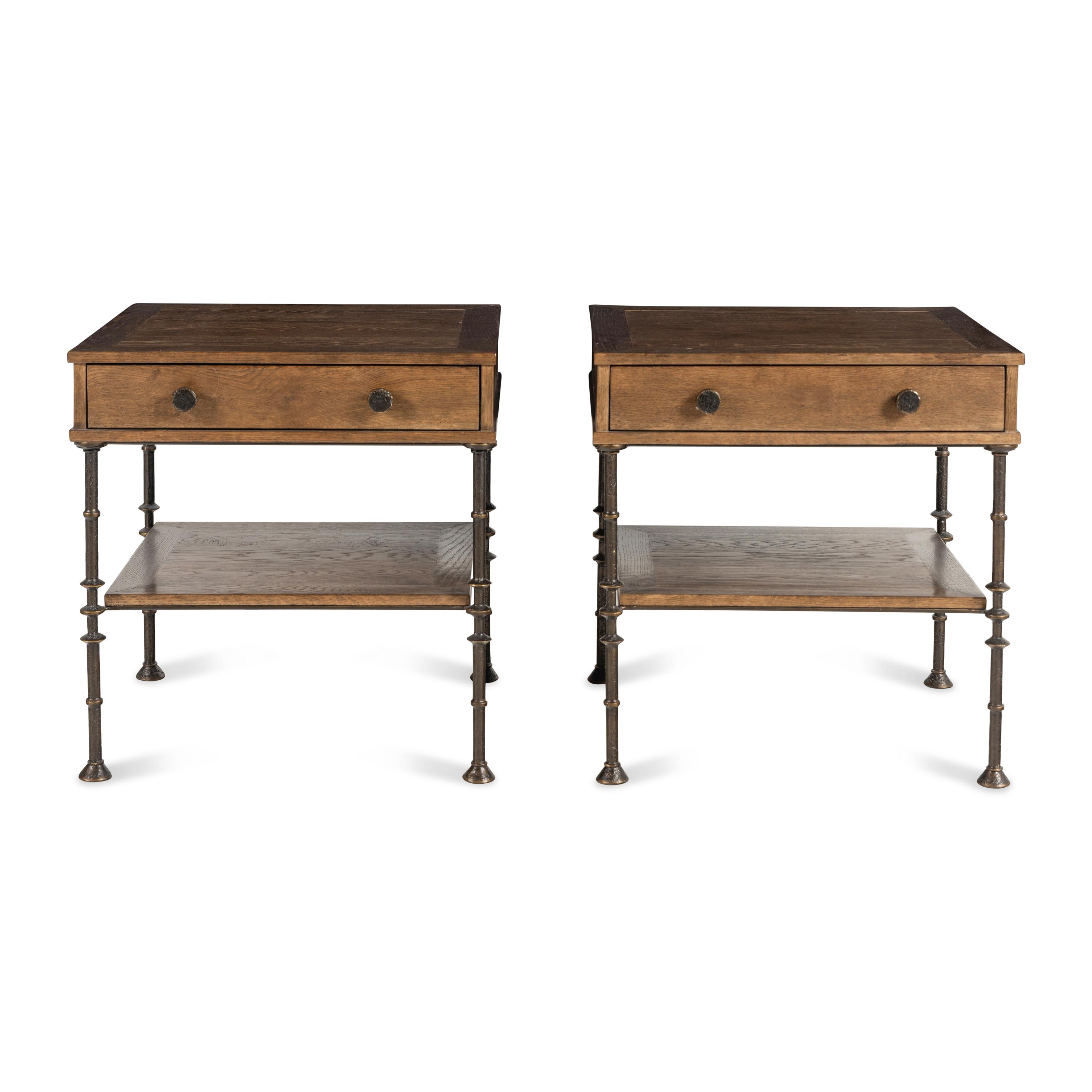 A Pair of Walnut and Steel Side Tables