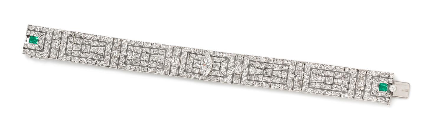 A Platinum, Diamond and Emerald Bracelet, 25.90 dwts.