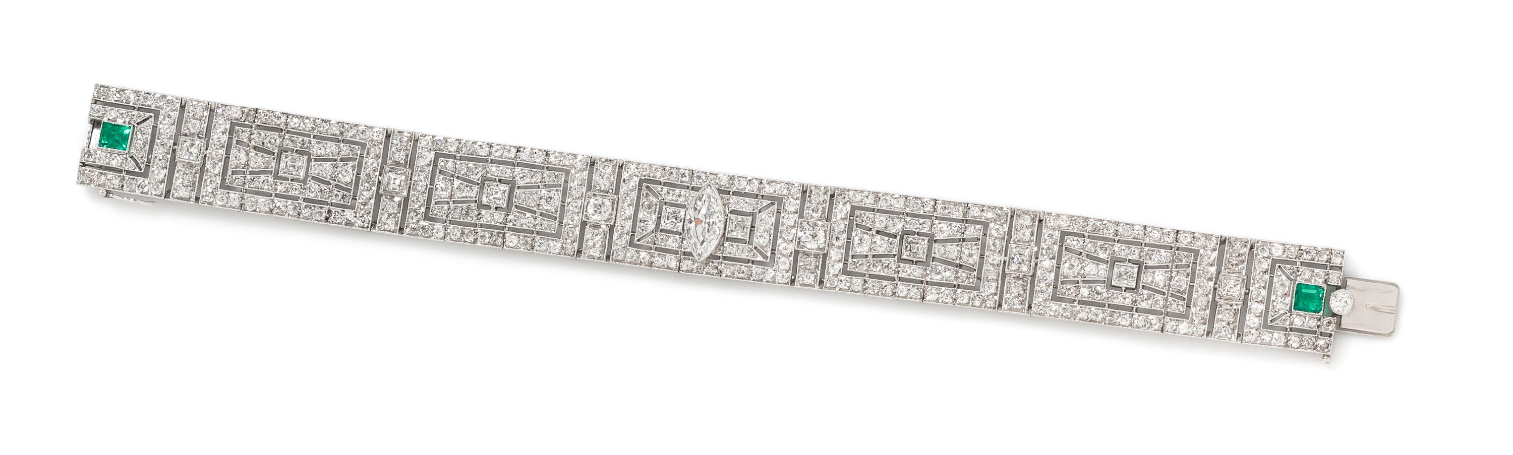 A Platinum, Diamond and Emerald Bracelet, 25.90 dwts.