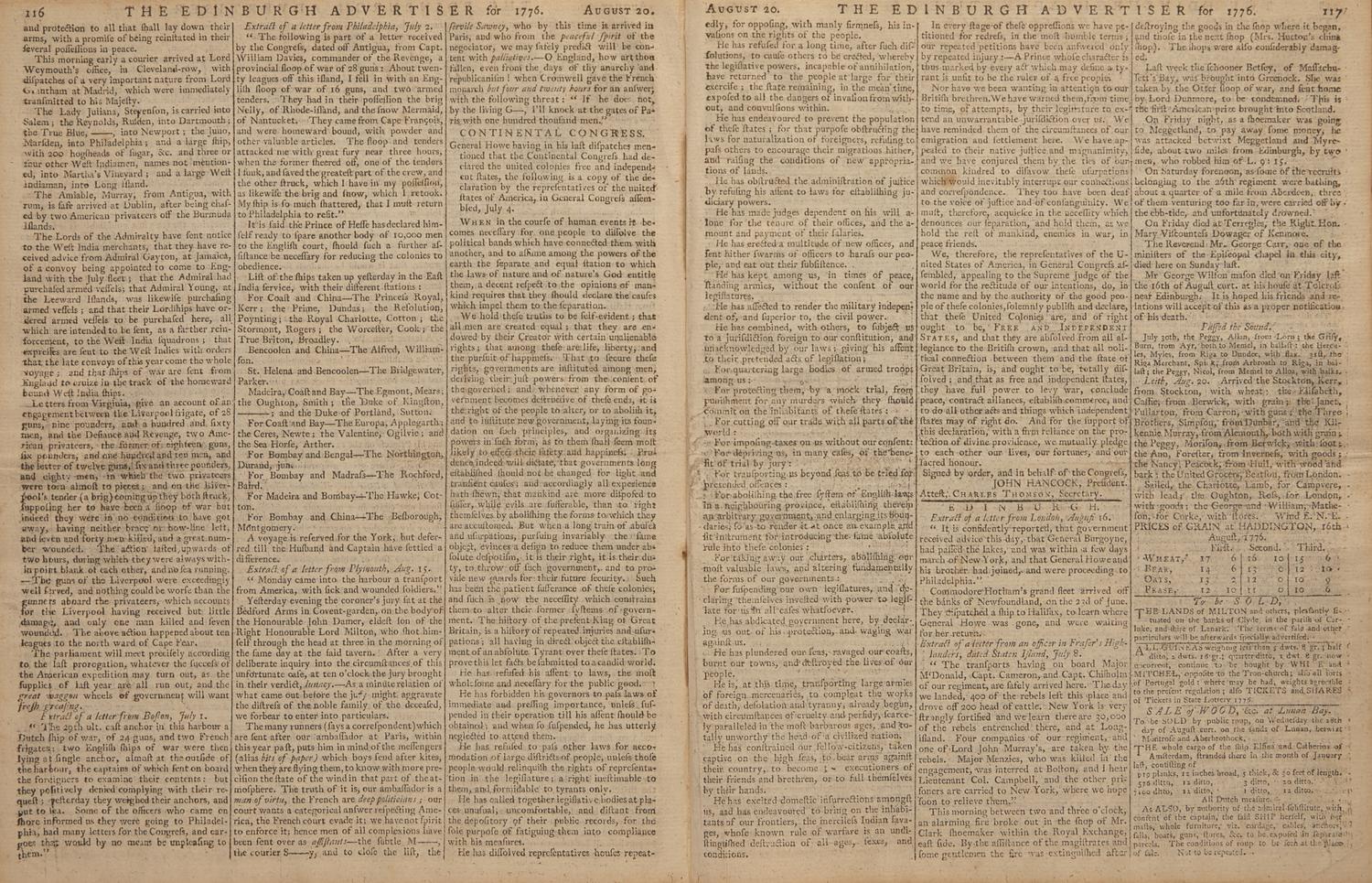 [Declaration of Independence] The First Scottish Printing of the Declaration of Independence