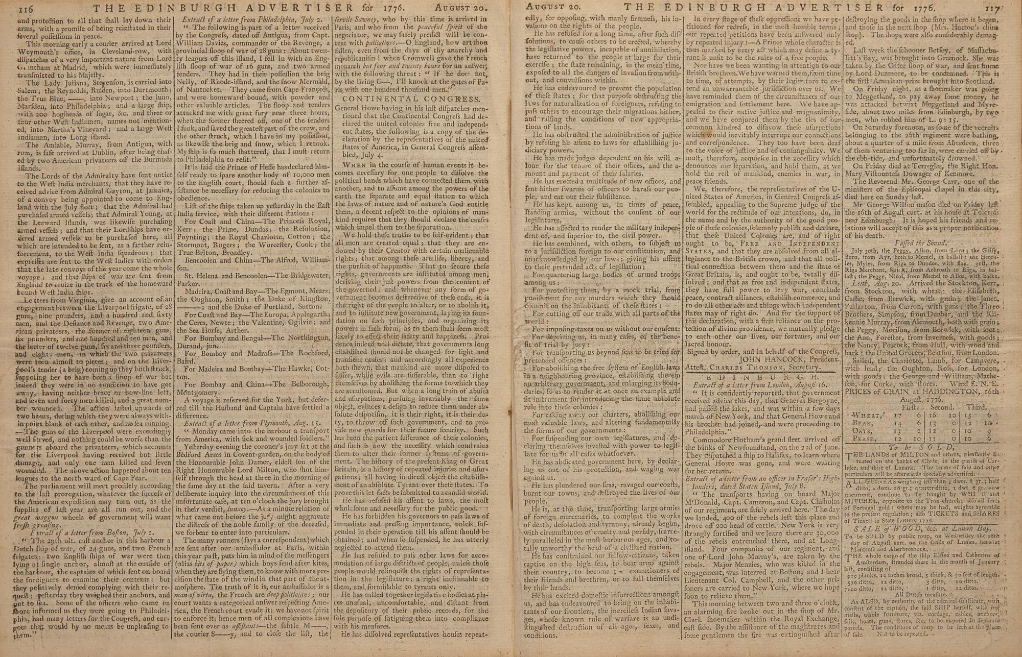 [Declaration of Independence] The First Scottish Printing of the Declaration of Independence