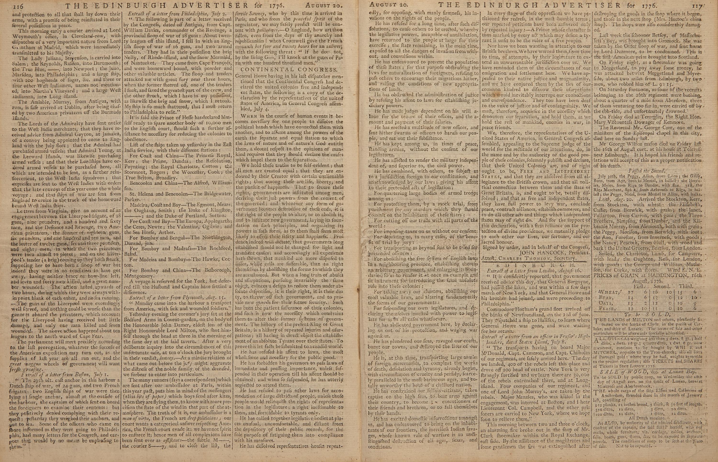 [Declaration of Independence] The First Scottish Printing of the Declaration of Independence