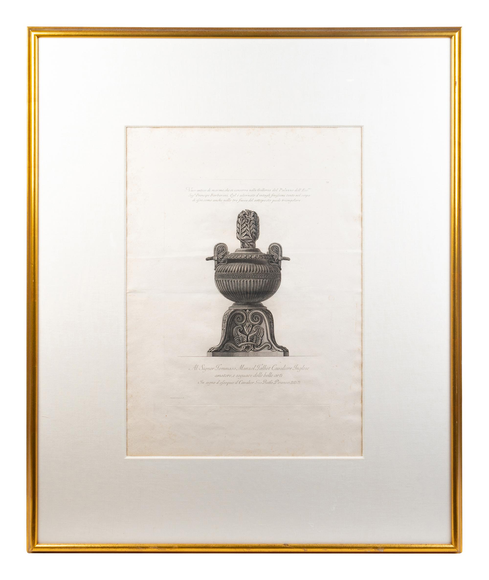 An Italian Engraving of a Marble Vase from the Pallazzo Barberini by Giovanni Batista Piranesi — 19TH CENTURY
