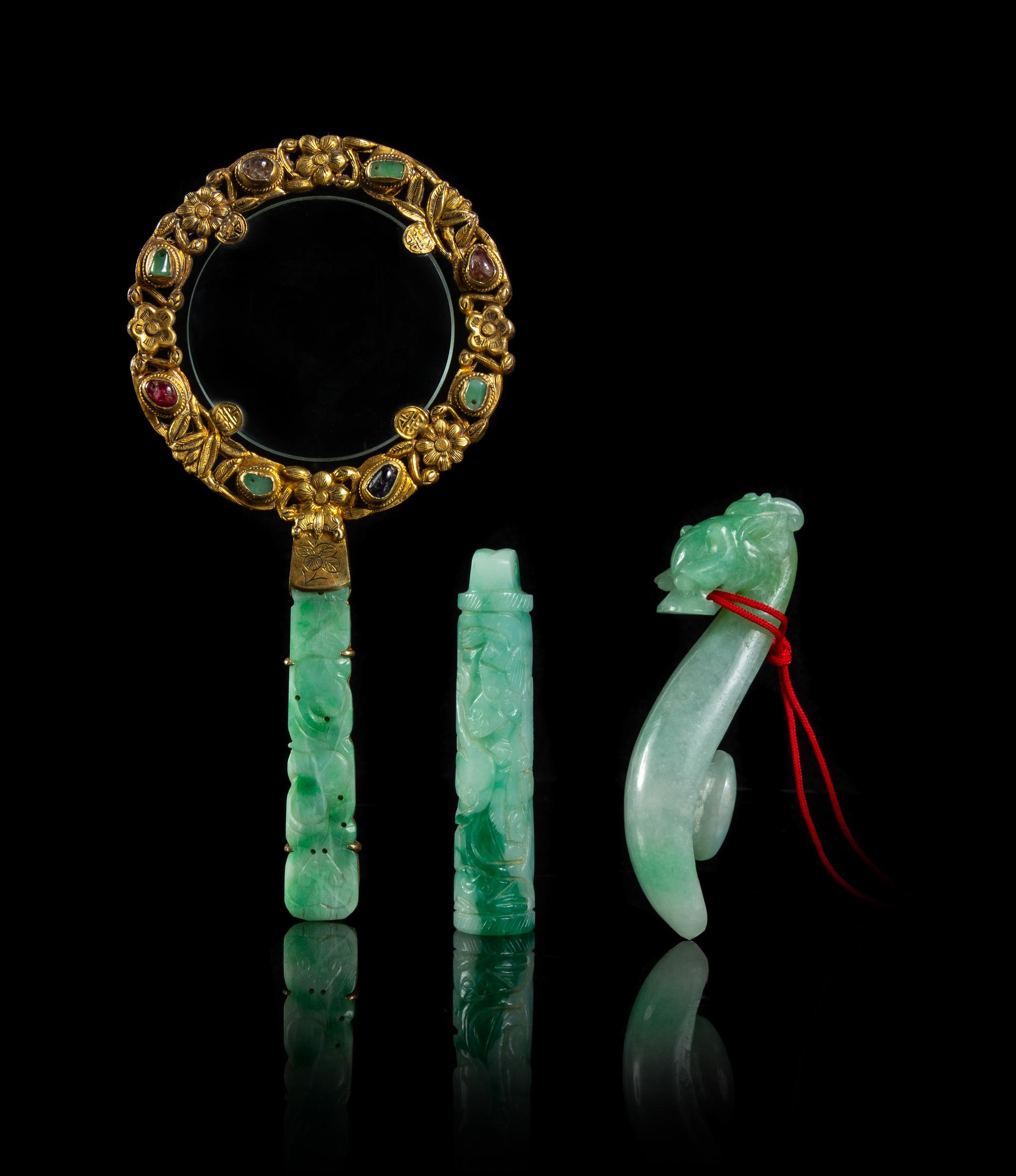 Three Apple Green and Celadon Jadeite Articles