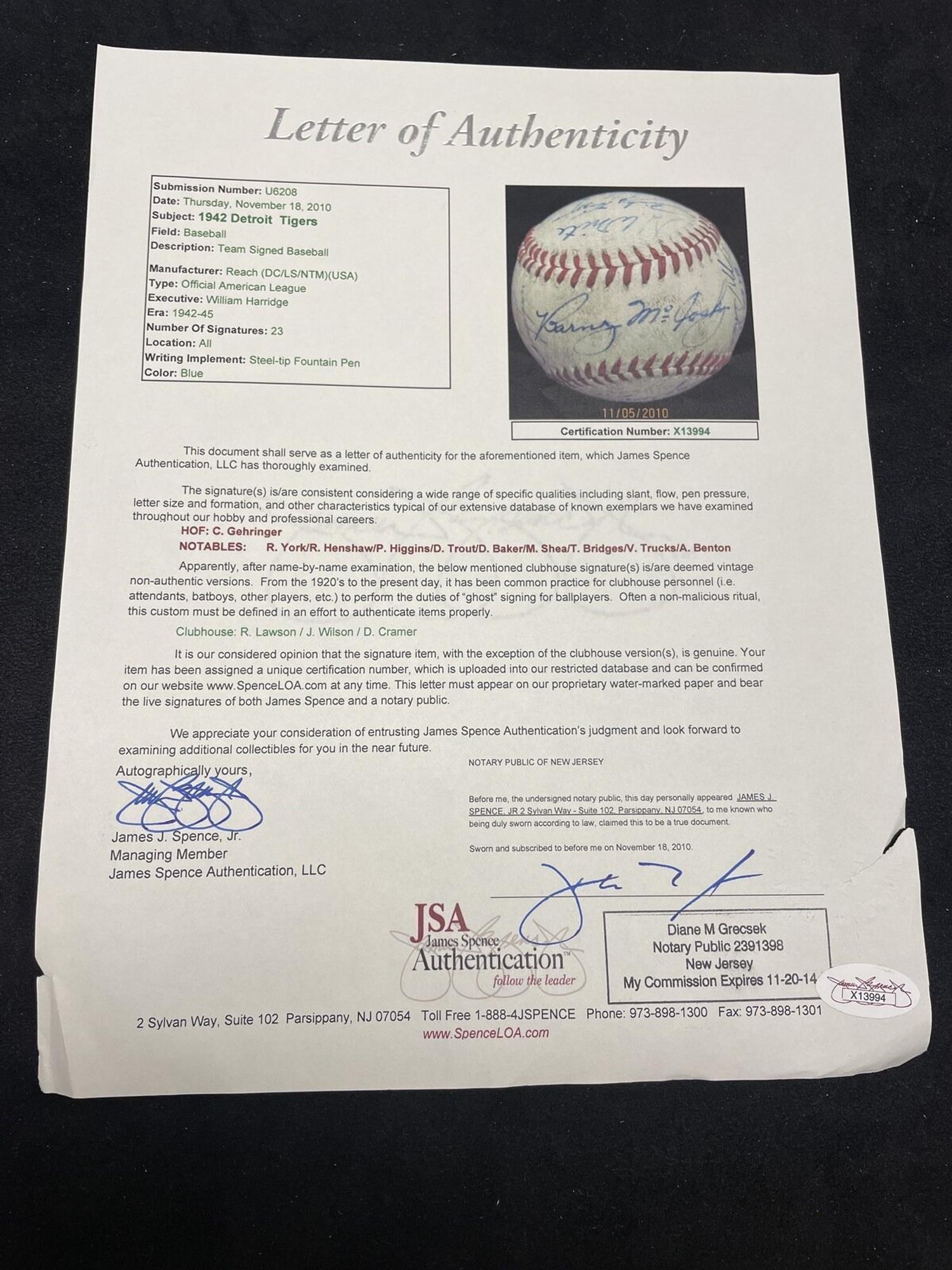 A 1942 Detroit Tigers Team Signed Autograph Baseball Featuring Charlie Gehringer (JSA Letter of Authenticity),