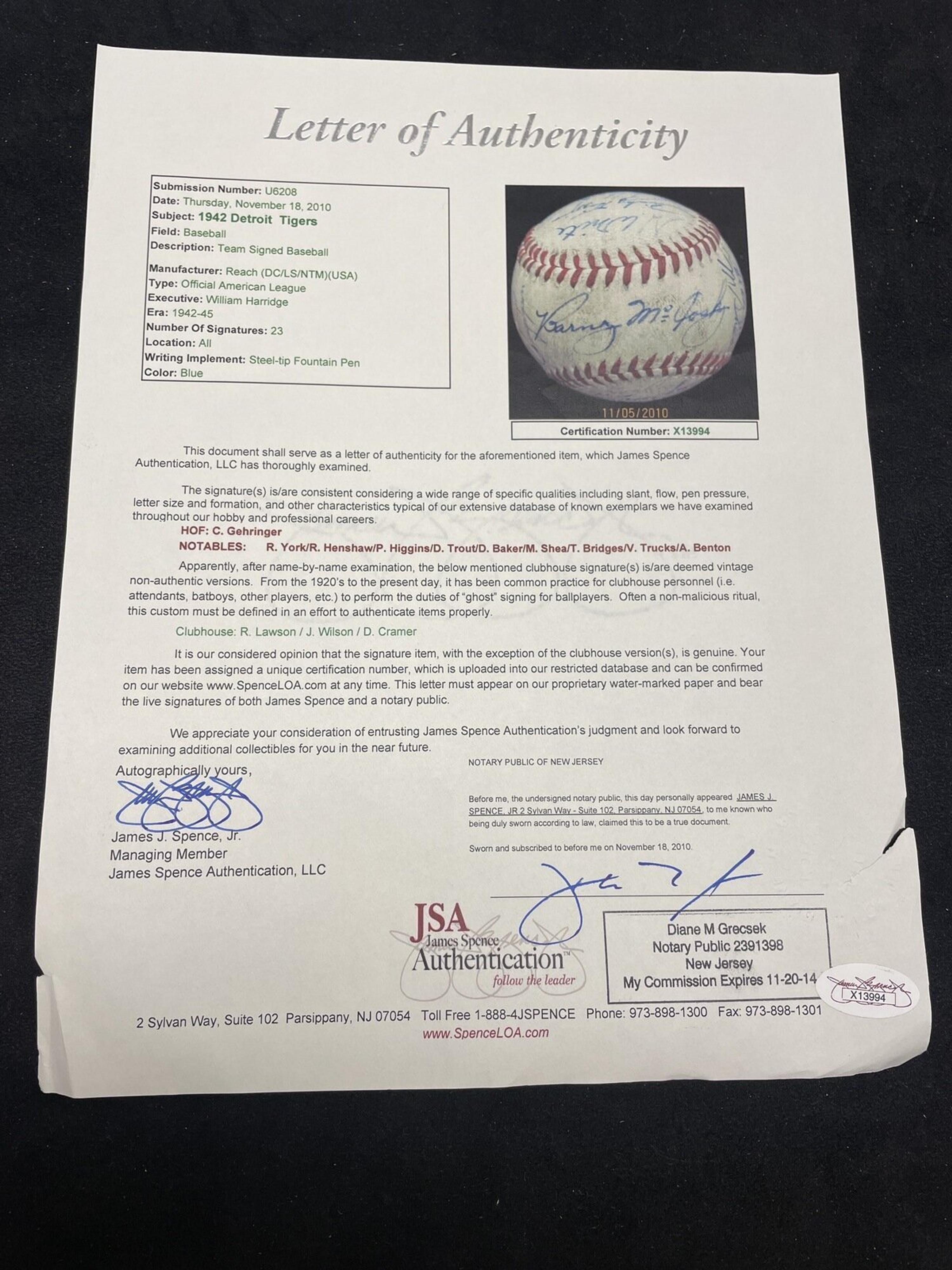 A 1942 Detroit Tigers Team Signed Autograph Baseball Featuring Charlie Gehringer (JSA Letter of Authenticity),