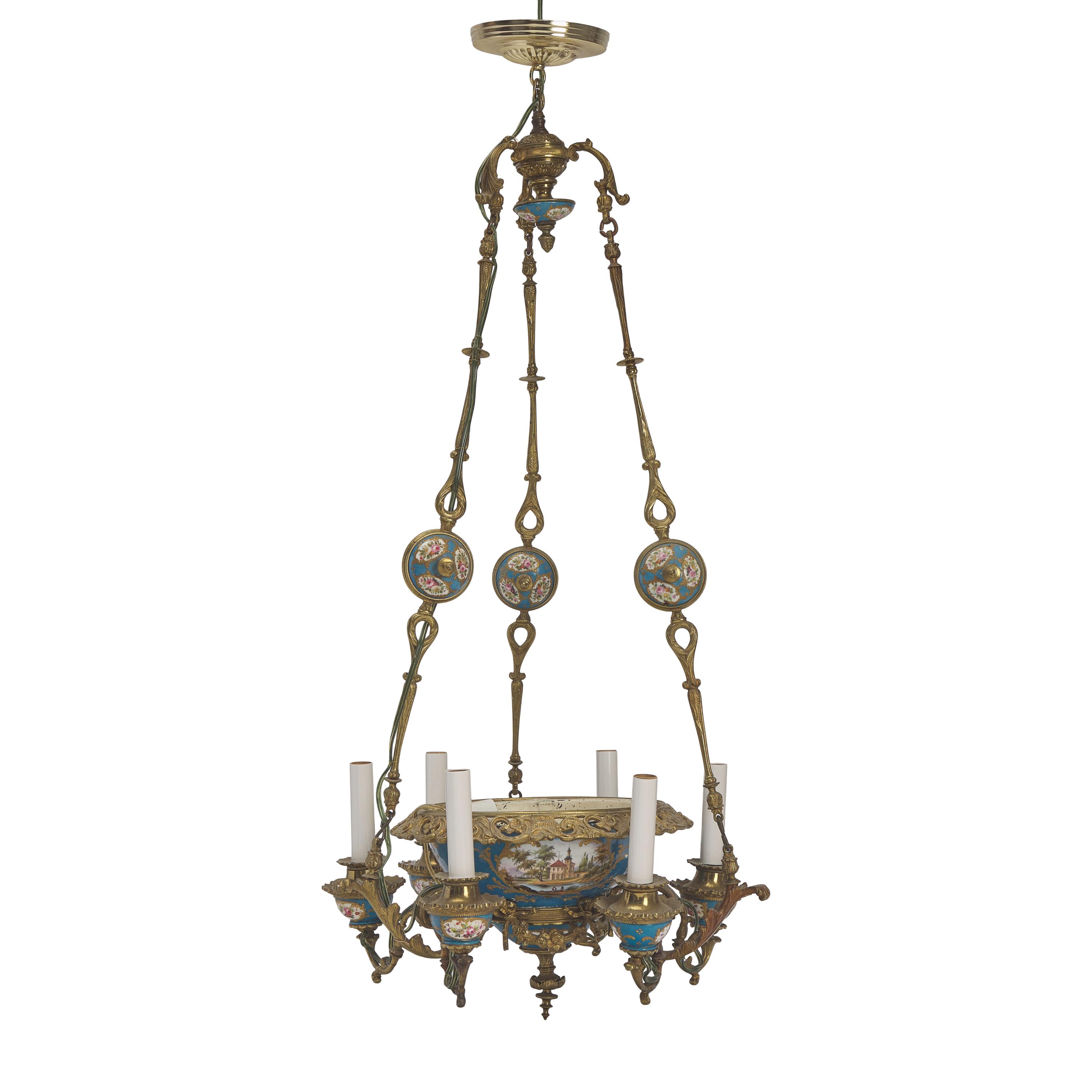 A Louis XVI Style Porcelain Inset Gilt Bronze Six-Light Chandelier