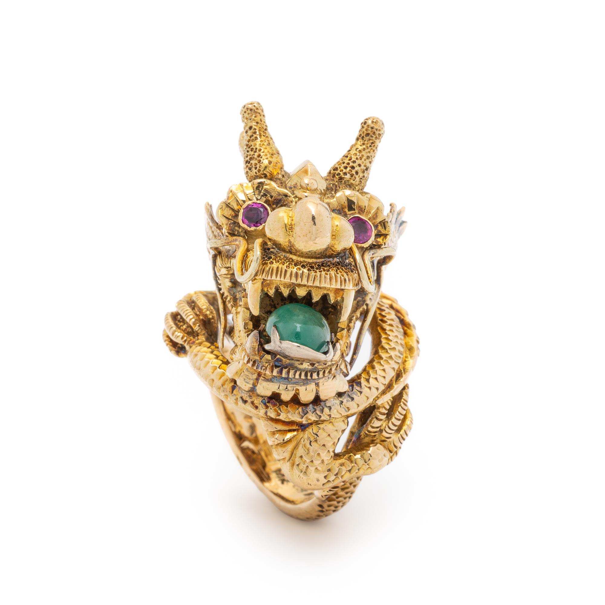 YELLOW GOLD, EMERALD, AND RUBY DRAGON RING