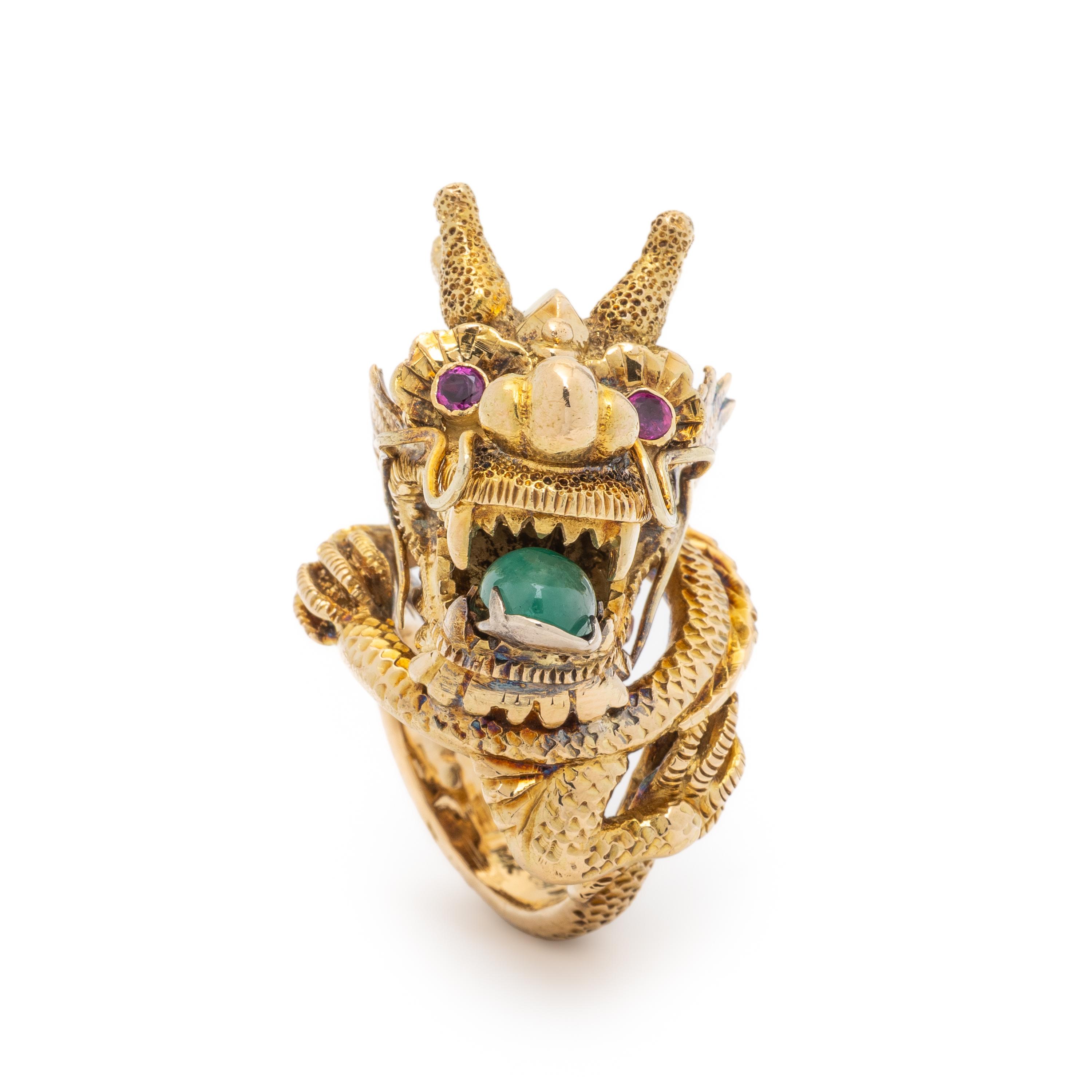 YELLOW GOLD, EMERALD, AND RUBY DRAGON RING