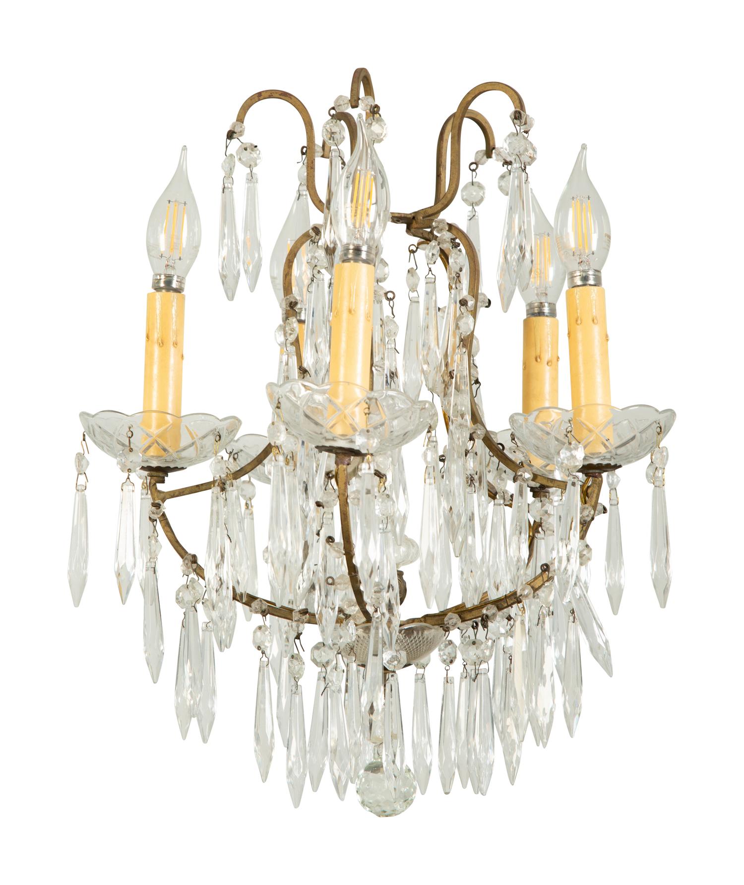 A Gilt Metal and Cut Glass Five-Light Chandelier