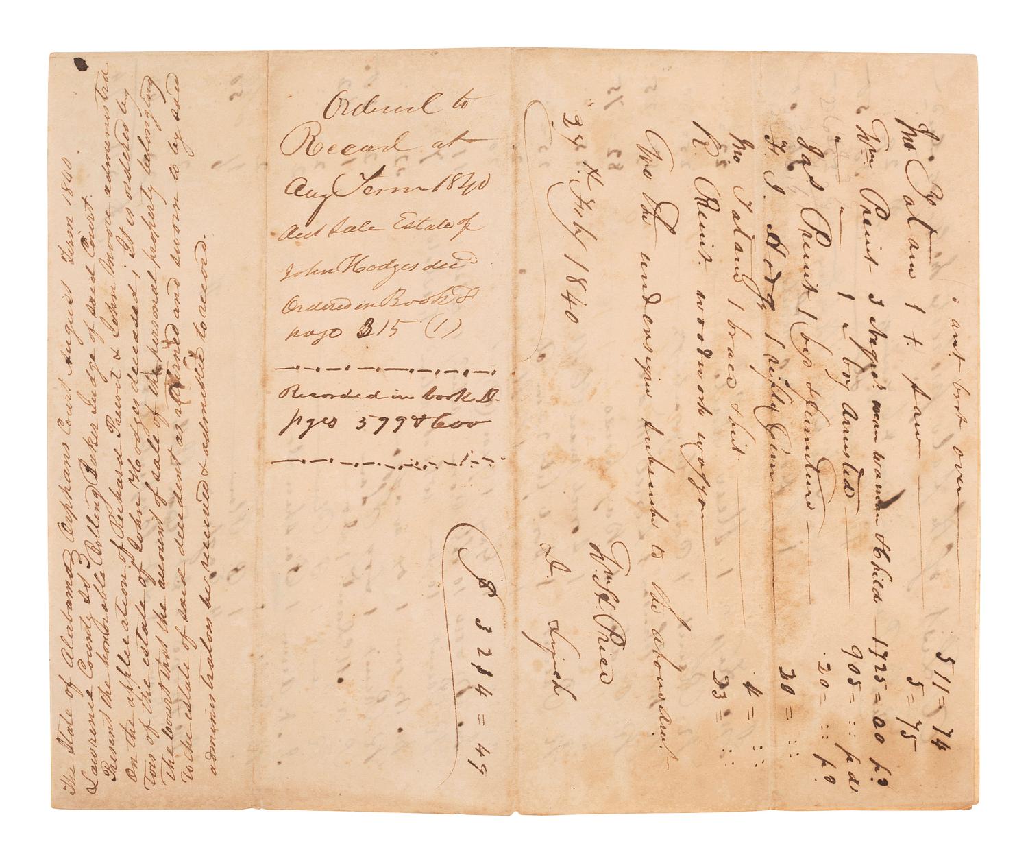 [ENSLAVEMENT & ABOLITION]. Manuscript inventory of property sold from the estate of John Hodges, including enslaved individuals. Lawrence County, Alabama, 24 July 1840.