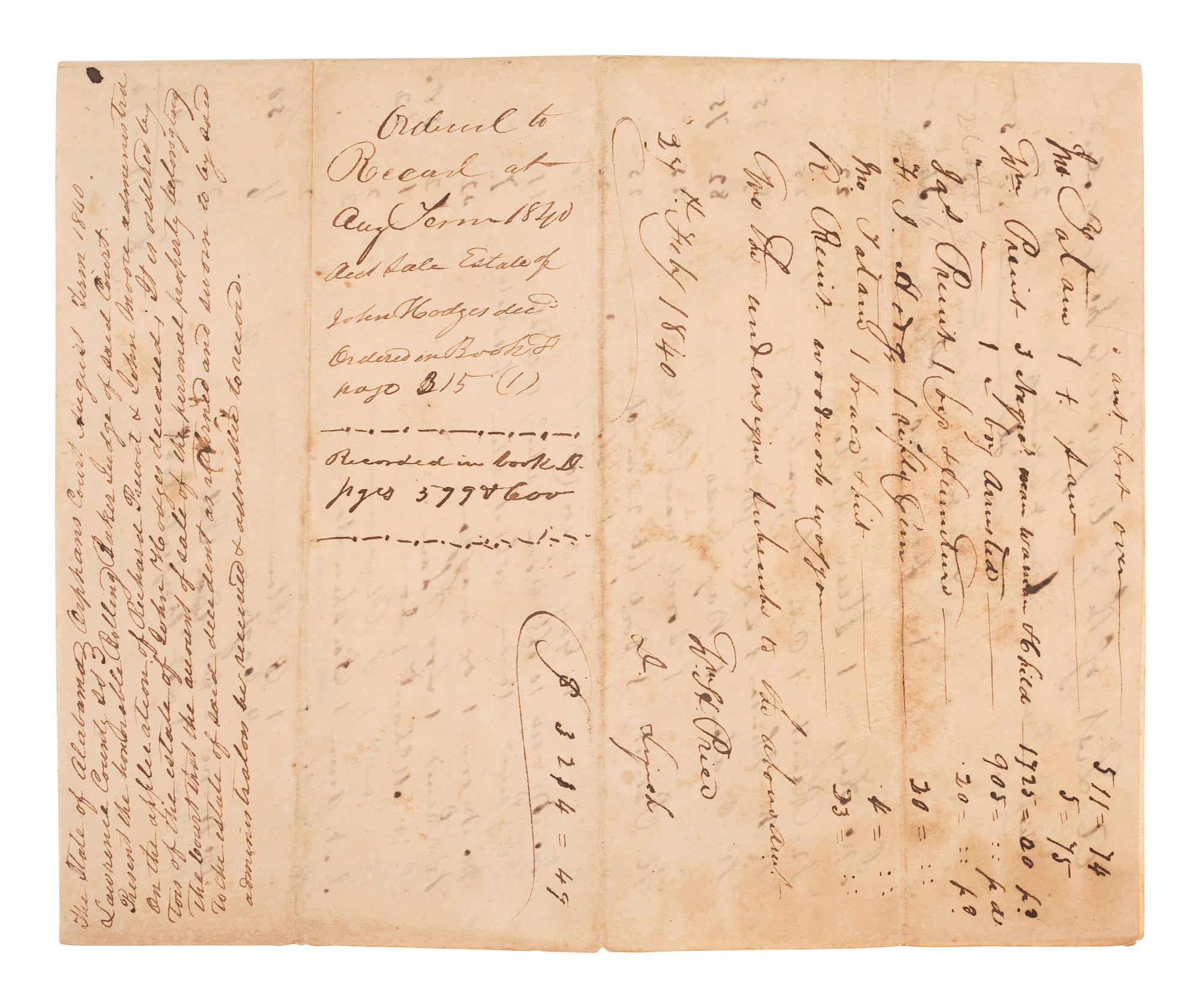 [ENSLAVEMENT & ABOLITION]. Manuscript inventory of property sold from the estate of John Hodges, including enslaved individuals. Lawrence County, Alabama, 24 July 1840.
