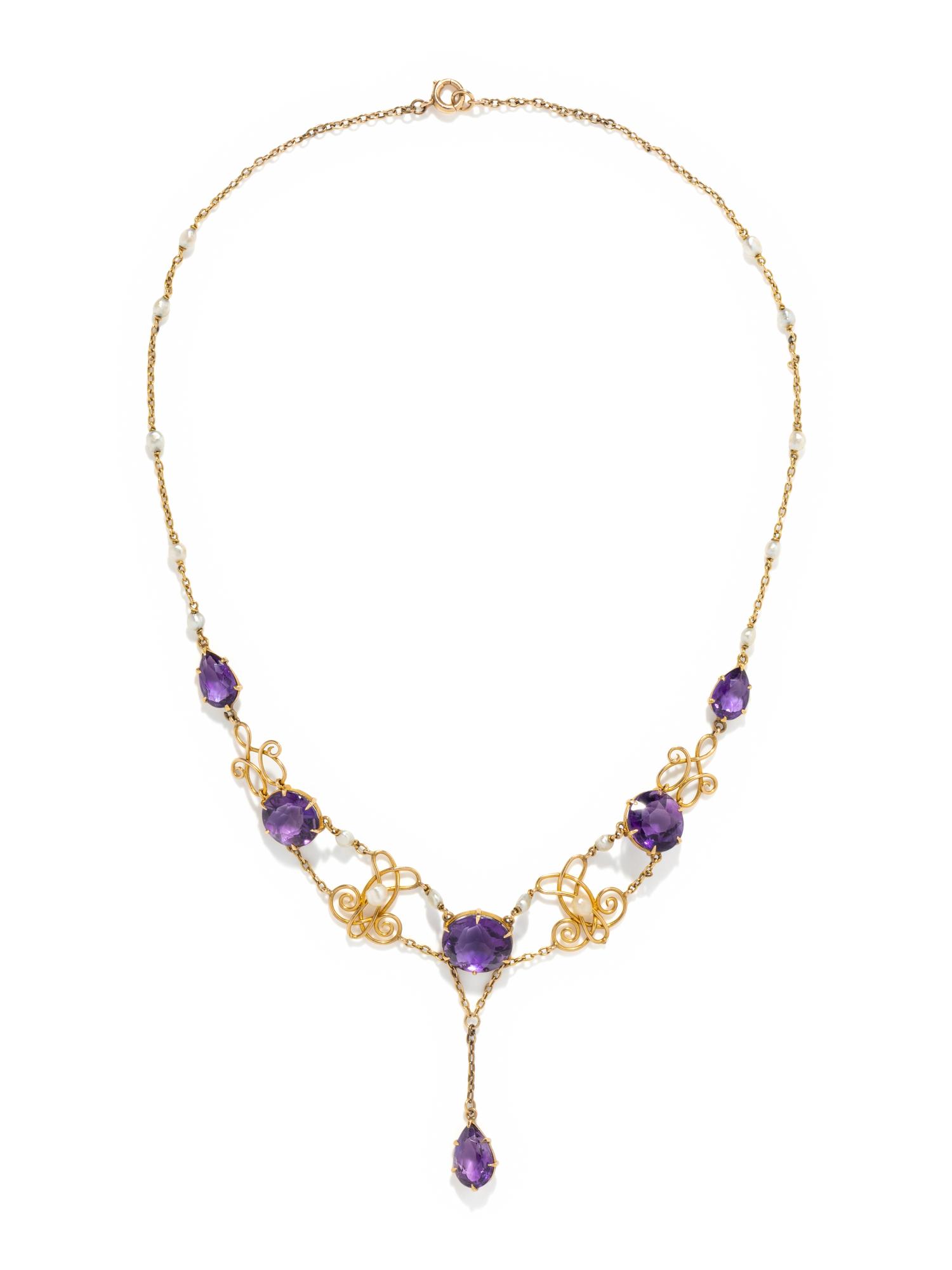 ART NOUVEAU, AMETHYST AND PEARL NECKLACE
