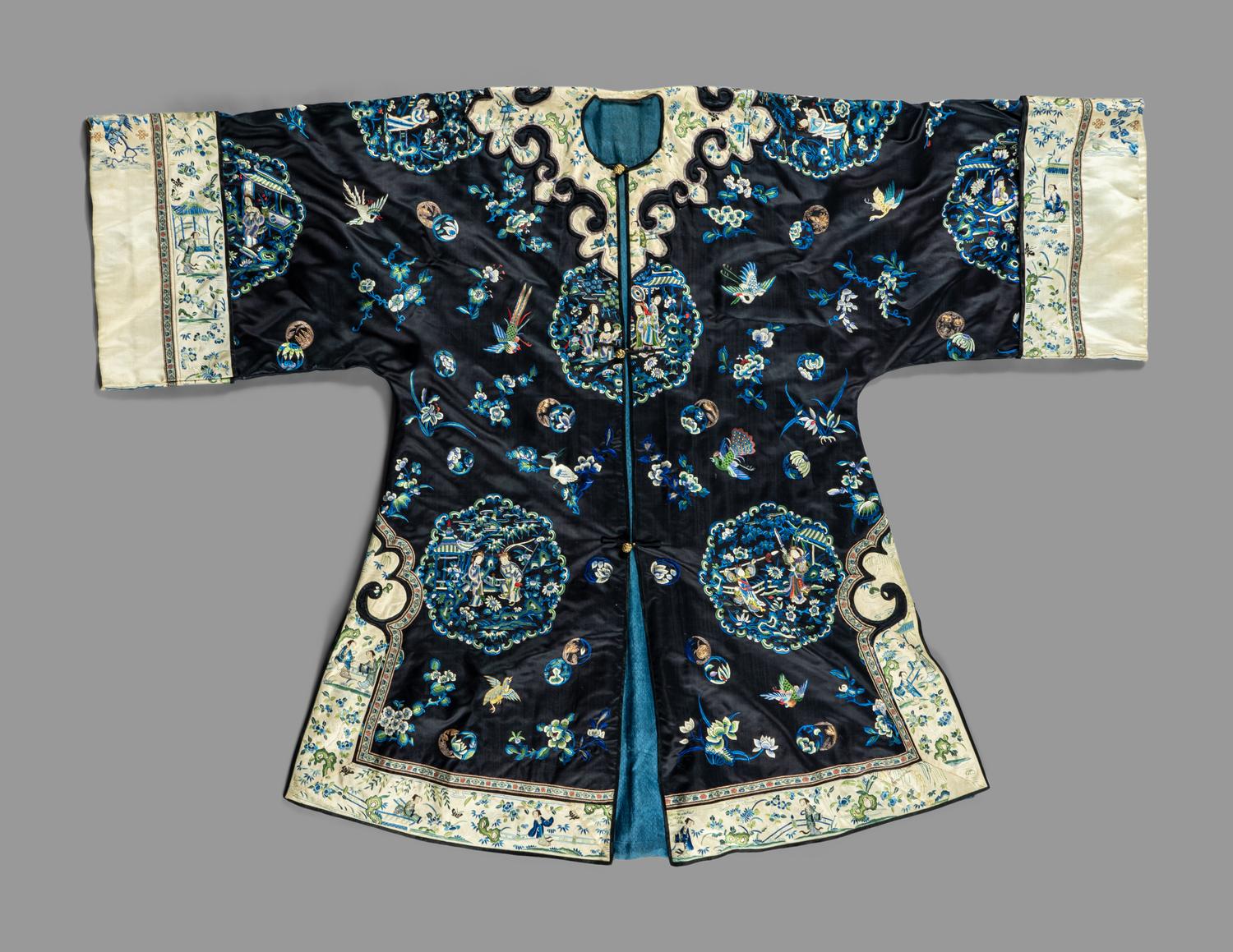 Two Chinese Blue Ground Silk Embroidered Lady's Garments