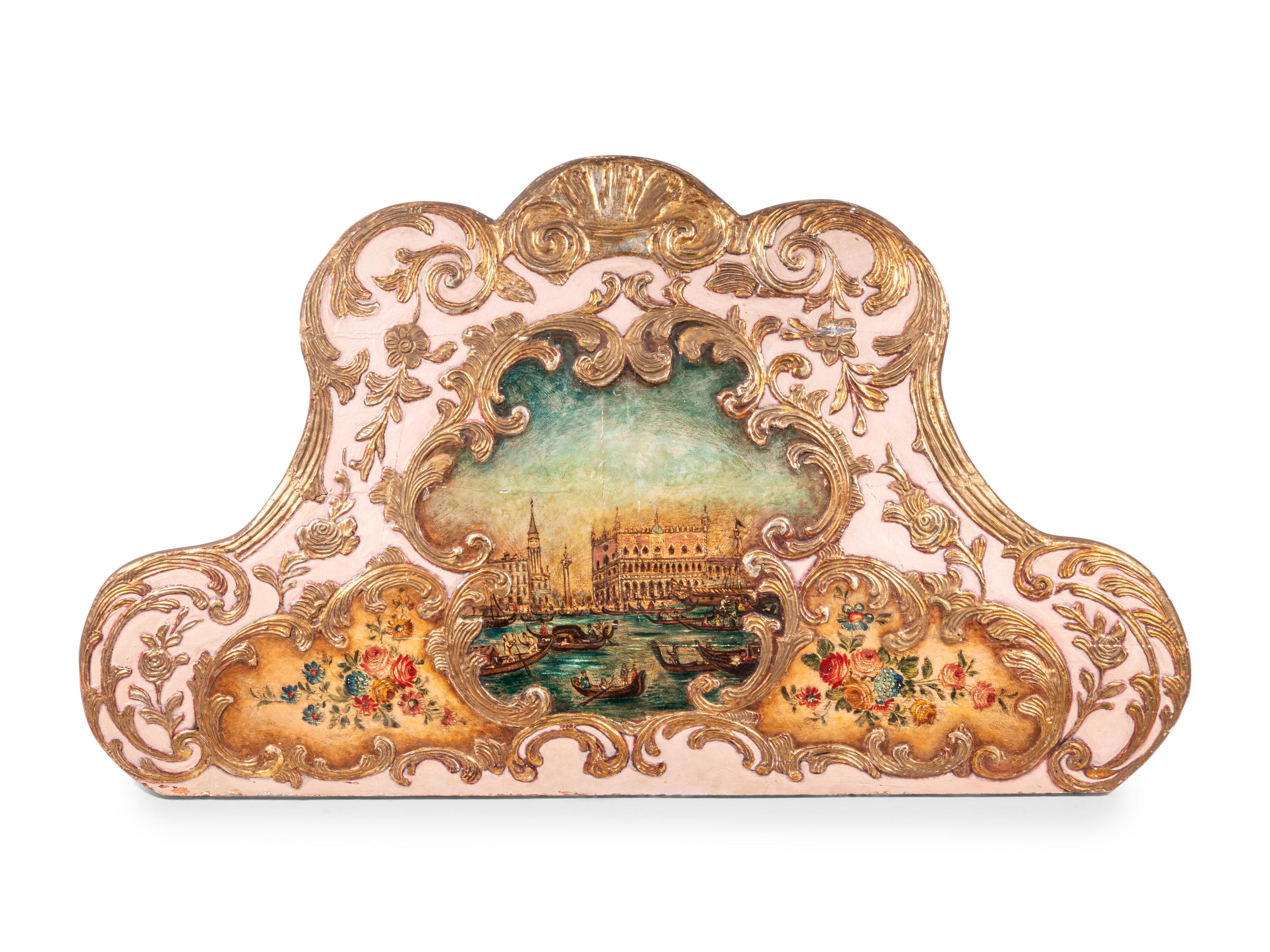 A Venetian Style Painted and Parcel Gilt Transom Panel