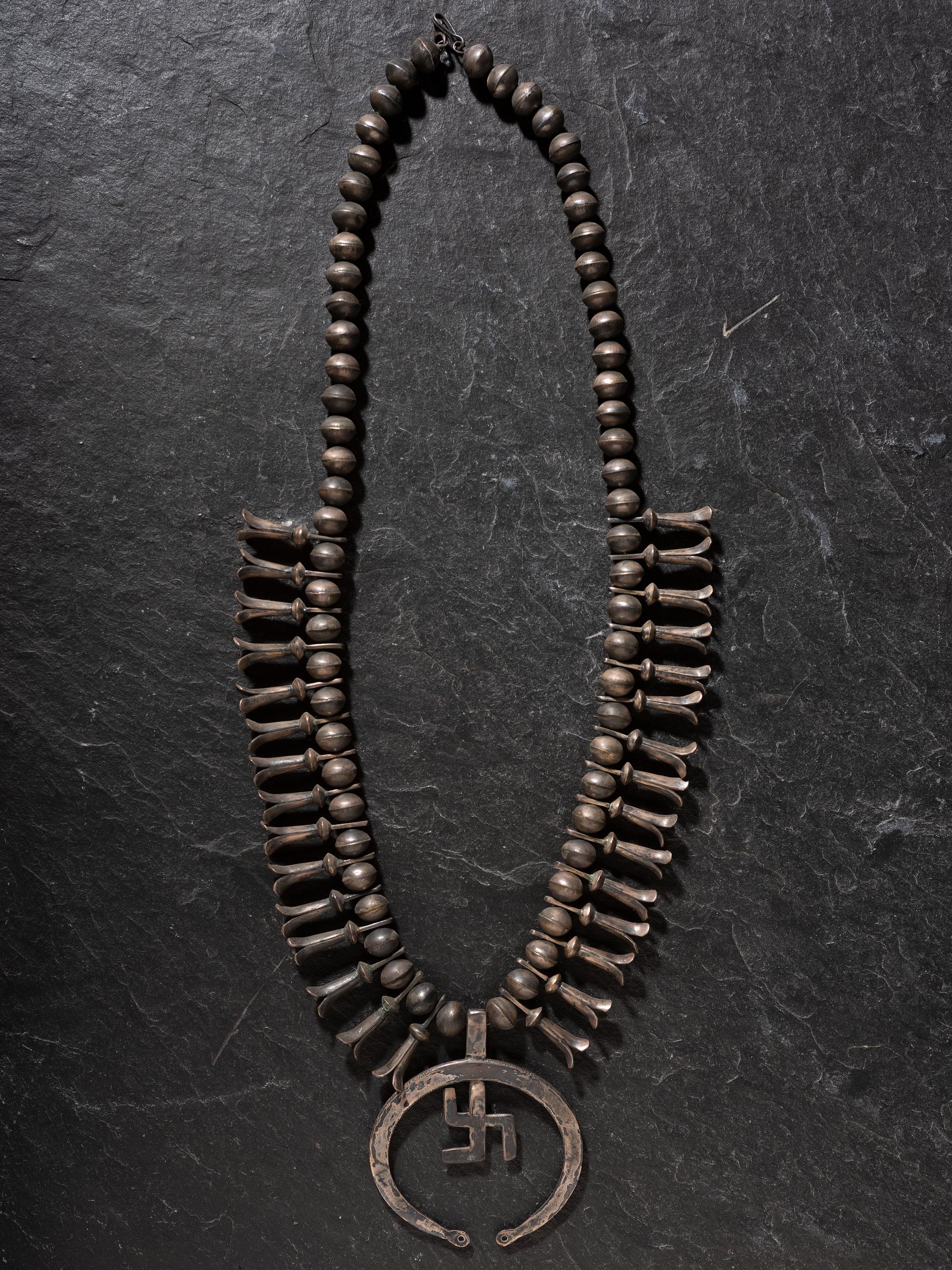 Navajo Silver and Turquoise Whirling Log Squash Blossom Necklace