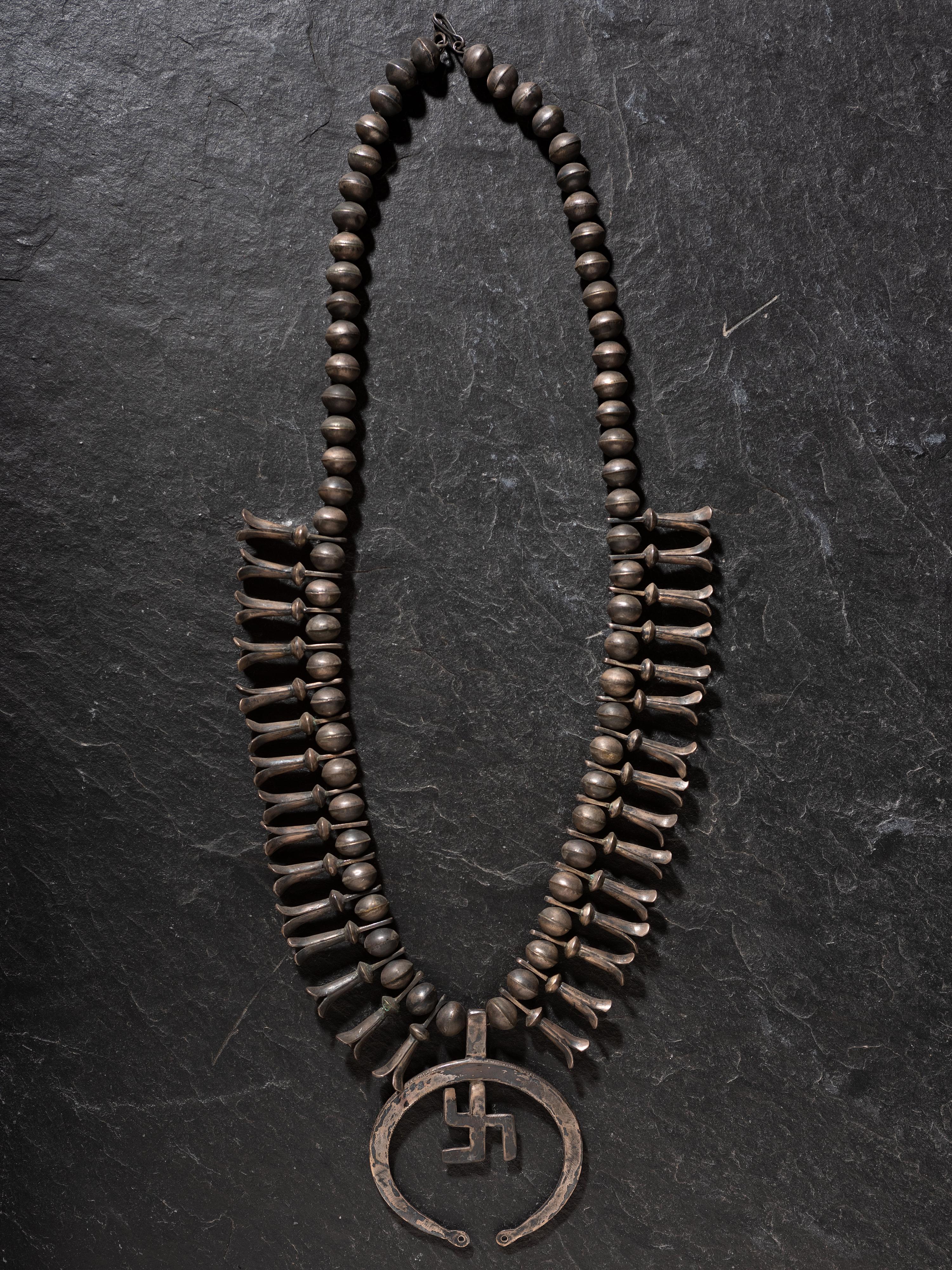 Navajo Silver and Turquoise Whirling Log Squash Blossom Necklace
