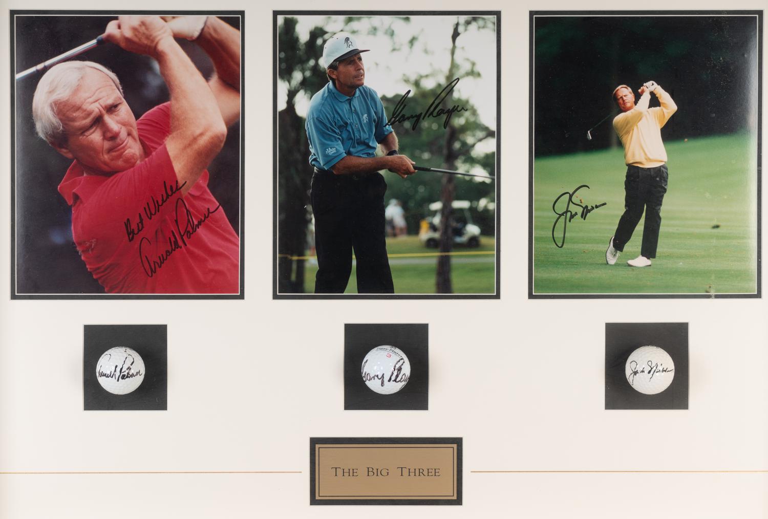 A Jack Nicklaus, Arnold Palmer and Gary Player "Big Three" Signed Autograph Golf Ball and Photograph Shadowbox Display,