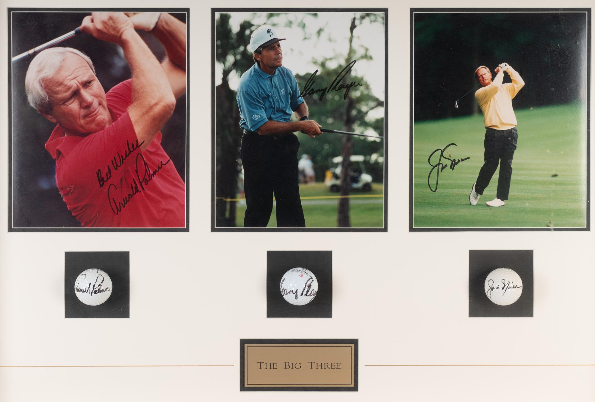 A Jack Nicklaus, Arnold Palmer and Gary Player "Big Three" Signed Autograph Golf Ball and Photograph Shadowbox Display,