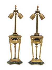 A Pair of French Gilt Bronze and Marble Cassolettes Mounted as Lamps