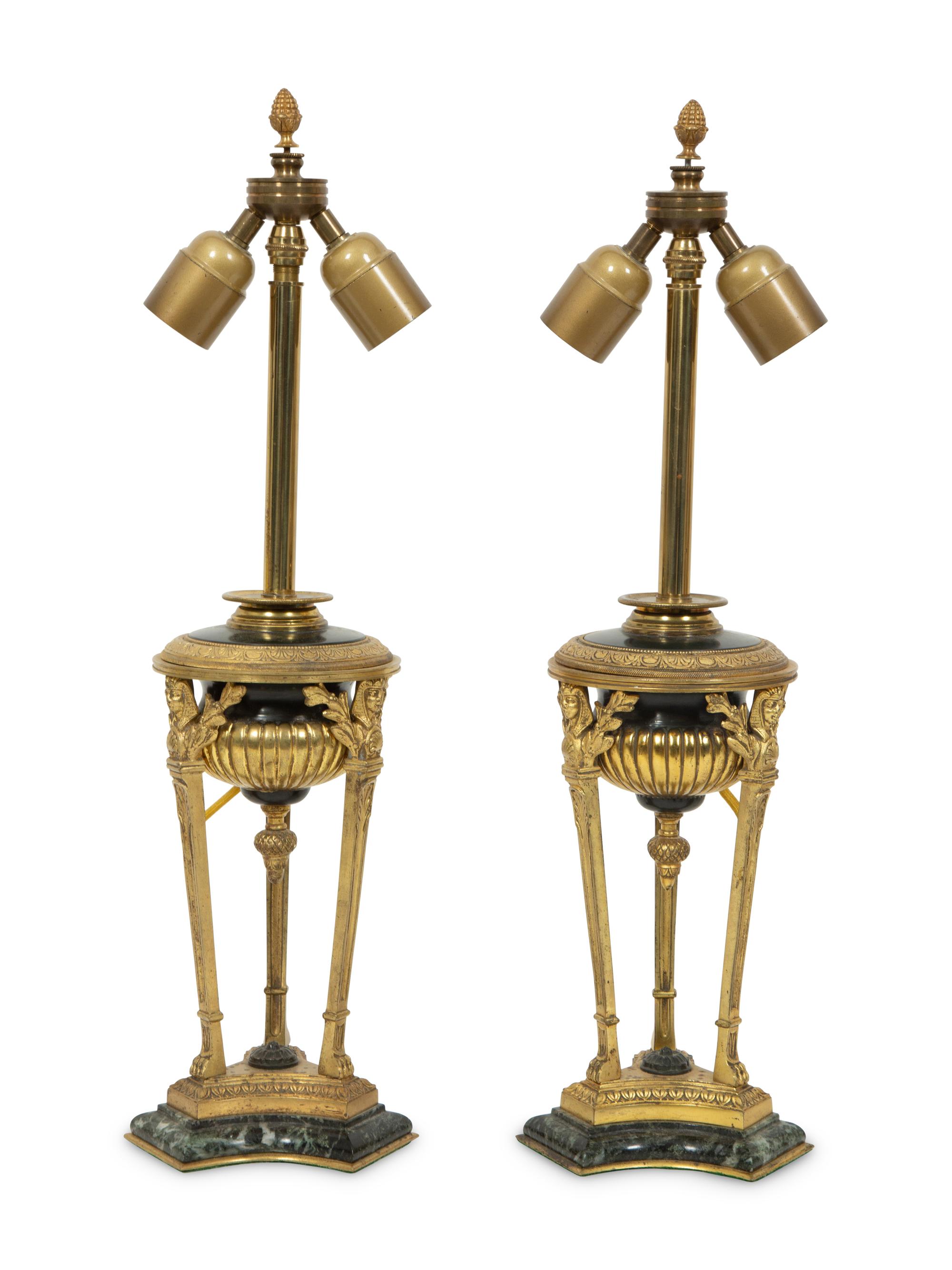 A Pair of French Gilt Bronze and Marble Cassolettes Mounted as Lamps