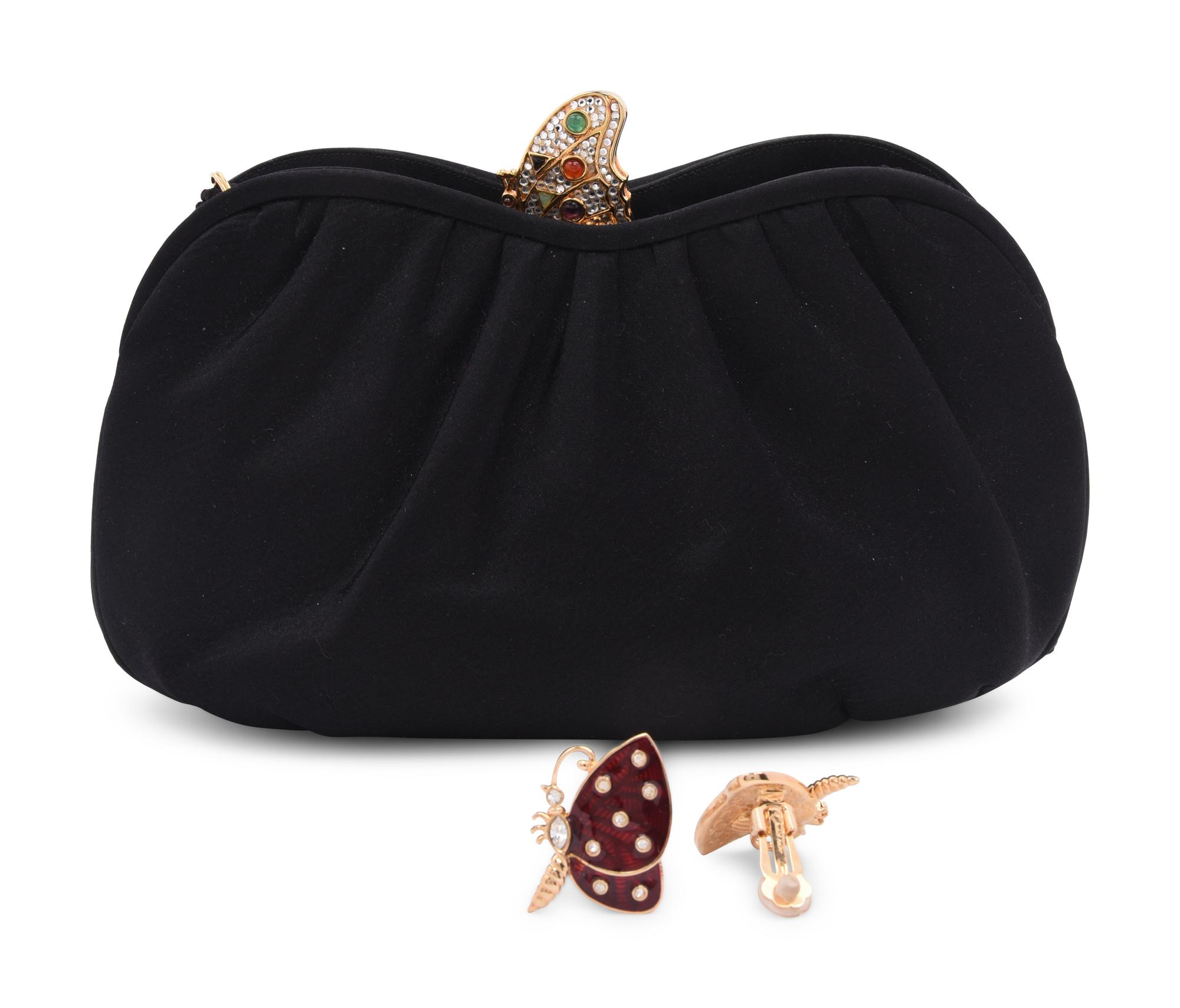 Judith Leiber Gathered Satin Clutch and Butterfly Ear Clips