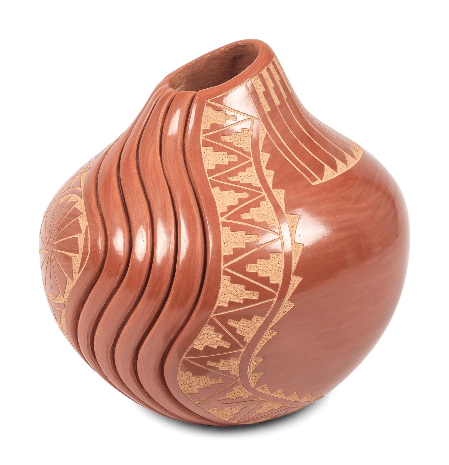 Carved Redware Pottery Vase, with Sgraffito