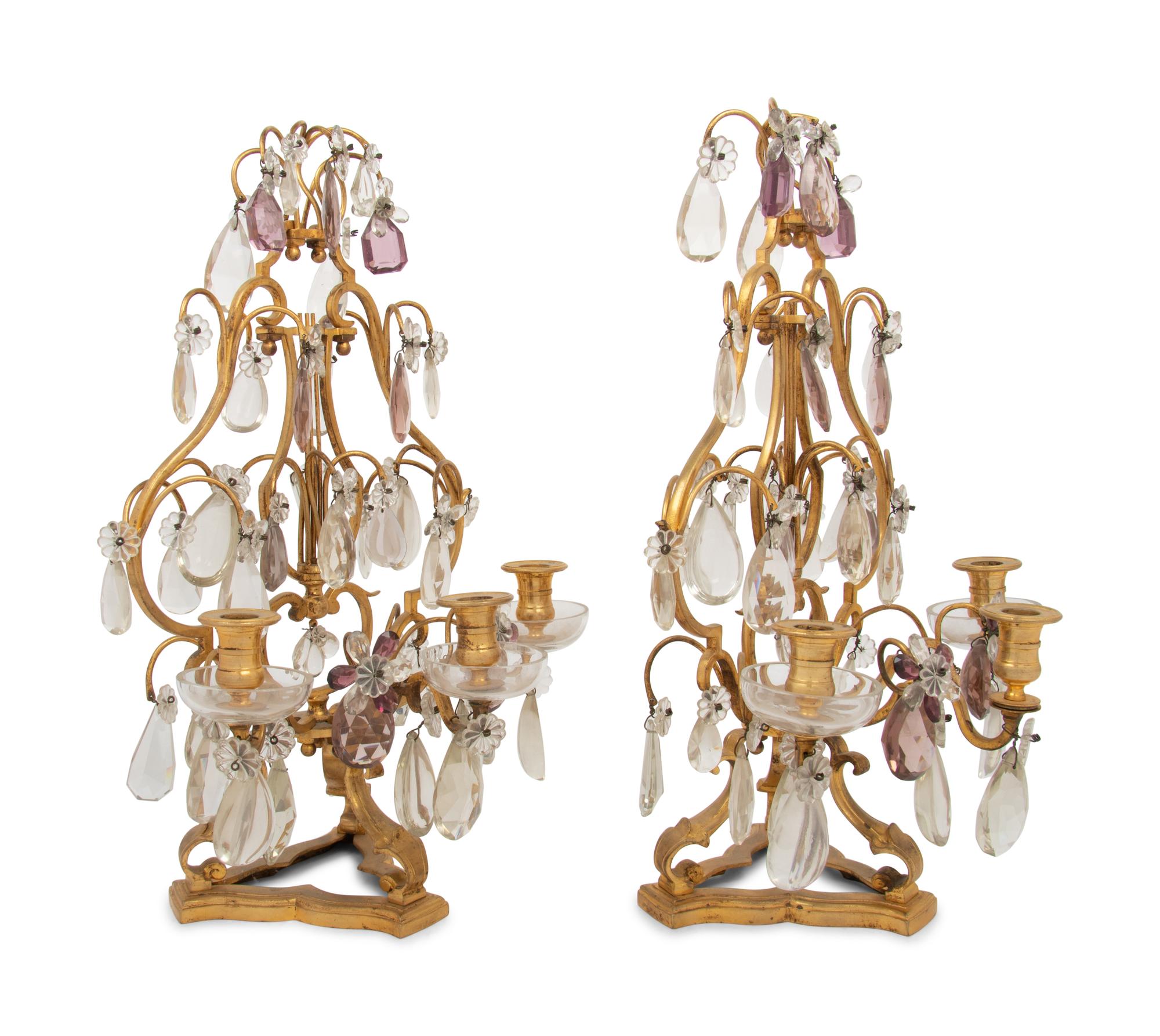 A Pair of French Gilt Bronze and Glass Three-Light Girandoles