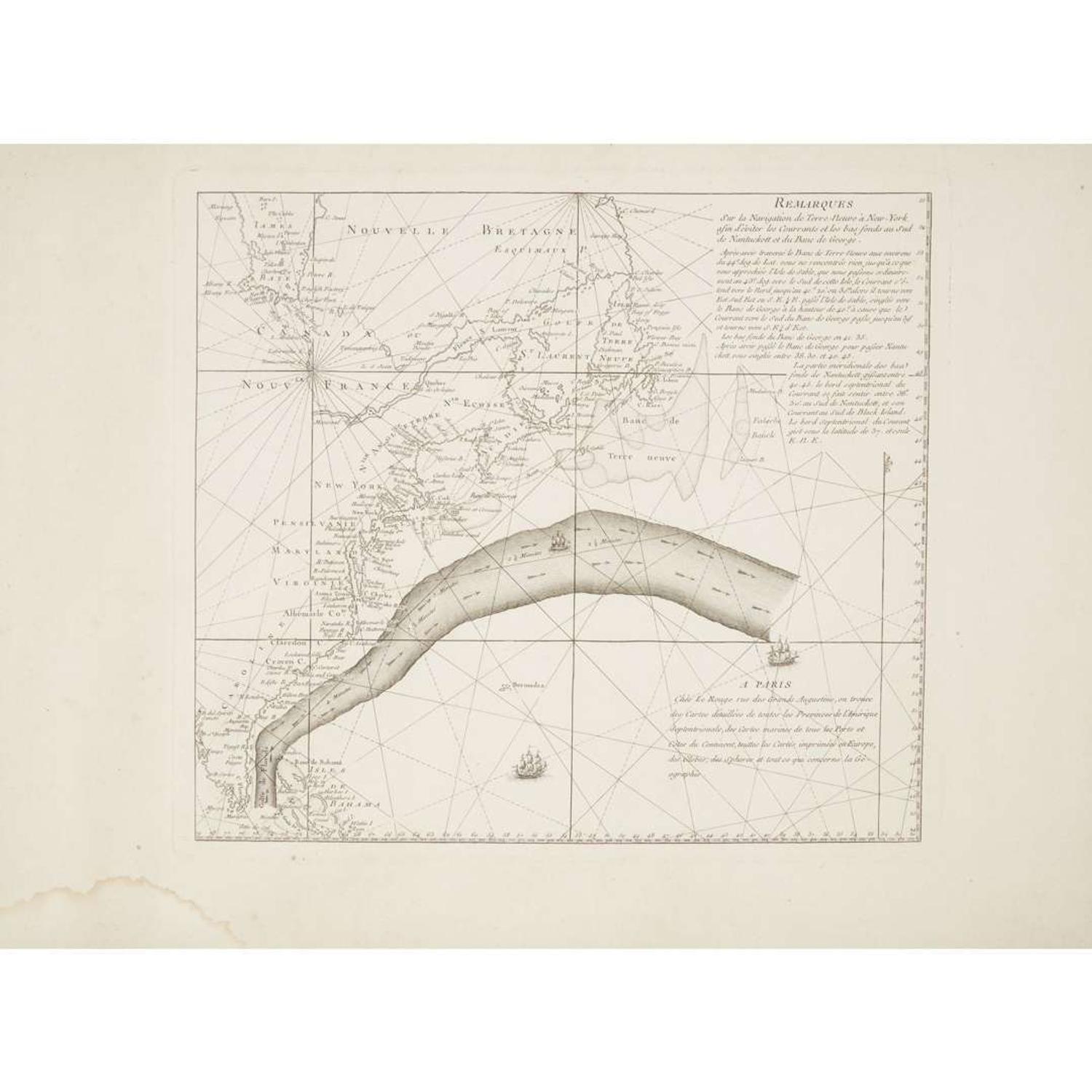 A Benjamin Franklin owned Chart of the Gulf Stream, Remarques Sur la Navigation de Terre-Neuve a New -York afin d'eviter les Courrants et les bas-fonds au Sud de Nantucket et du Banc de George George-Louis Le Rouge, Paris, circa 1783