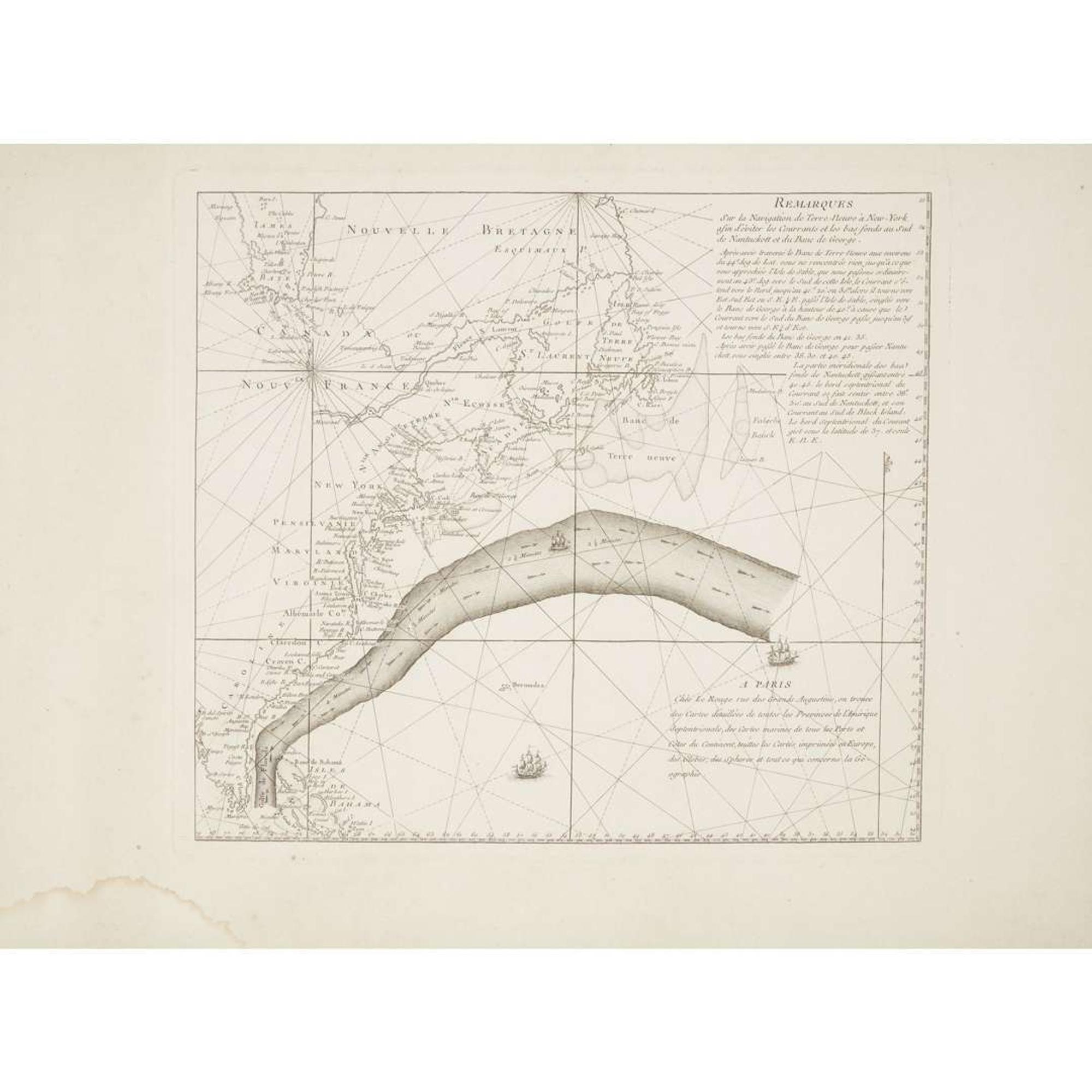 A Benjamin Franklin owned Chart of the Gulf Stream, Remarques Sur la Navigation de Terre-Neuve a New -York afin d'eviter les Courrants et les bas-fonds au Sud de Nantucket et du Banc de George George-Louis Le Rouge, Paris, circa 1783