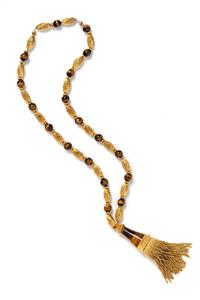FRENCH, YELLOW GOLD AND TIGER'S EYE TASSEL NECKLACE